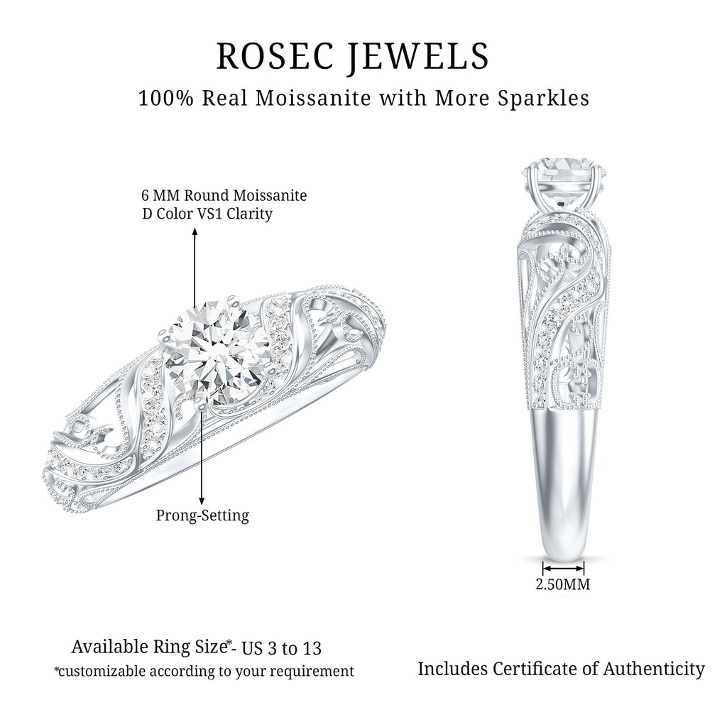 Certified Round Moissanite Antique Looking Engagement Ring