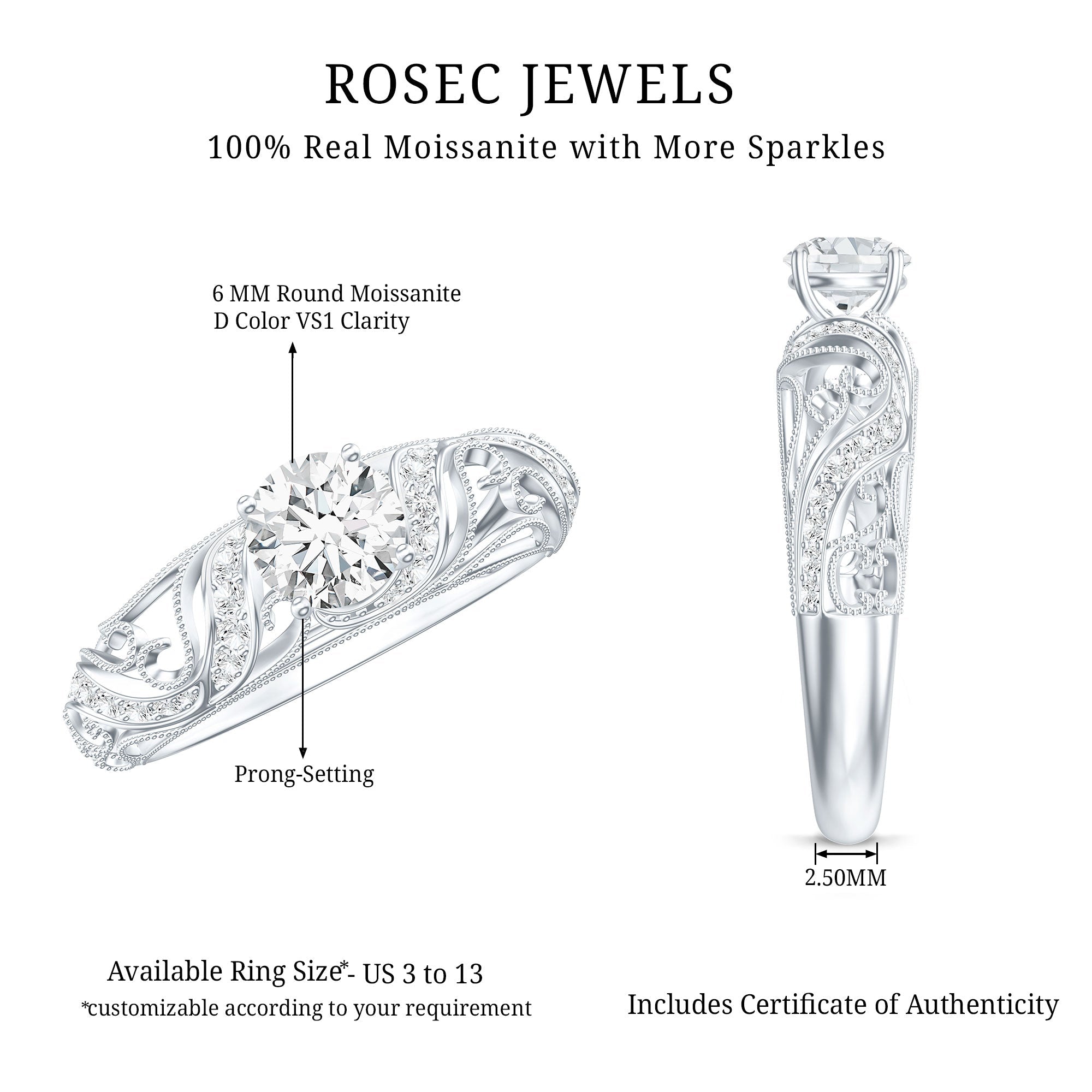 Certified Round Moissanite Antique Looking Engagement Ring