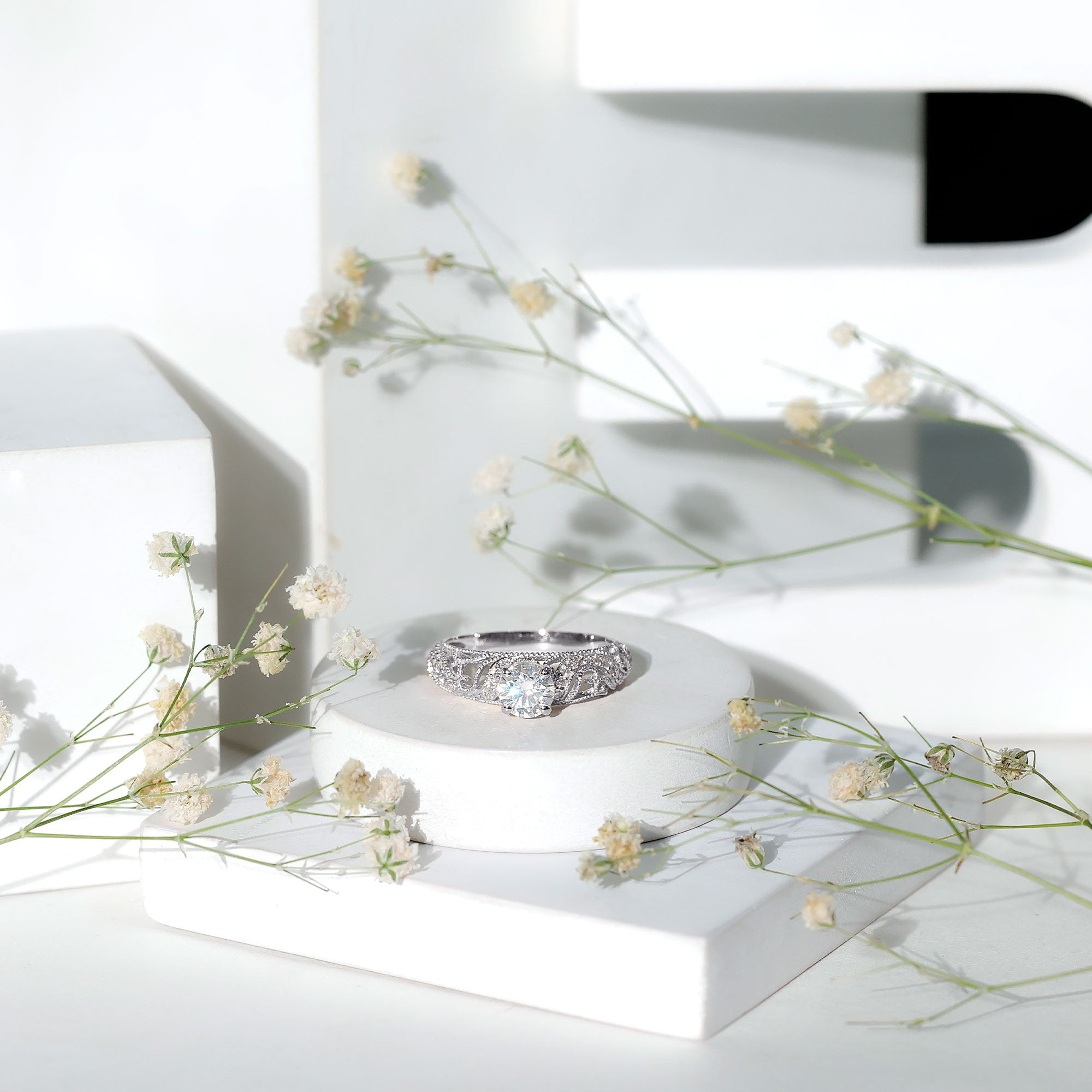 Certified Round Moissanite Antique Looking Engagement Ring