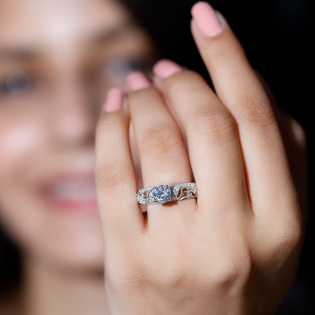 Certified Round Moissanite Antique Looking Engagement Ring