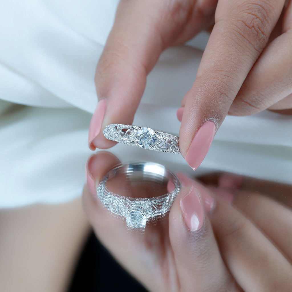 Certified Round Moissanite Antique Looking Engagement Ring