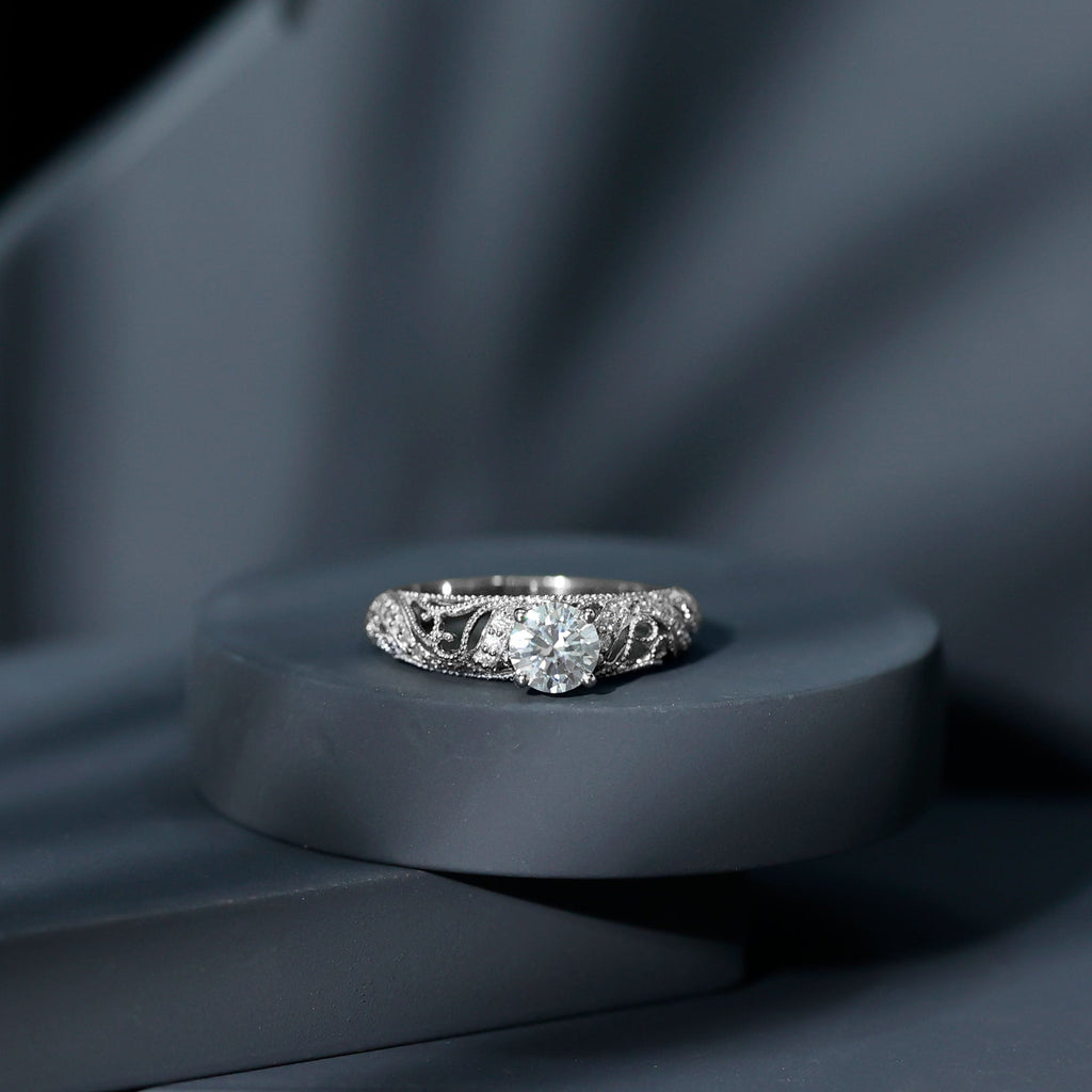 Certified Round Moissanite Antique Looking Engagement Ring