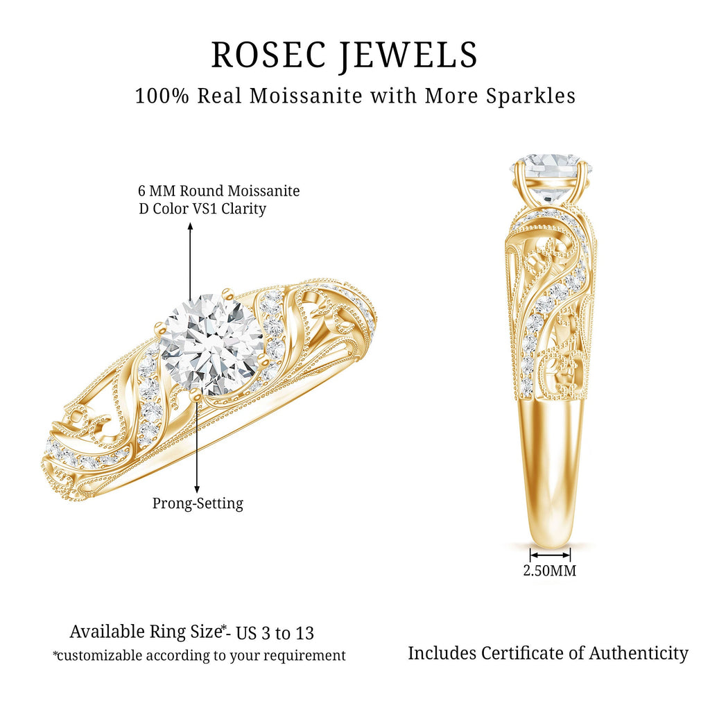 Certified Round Moissanite Antique Looking Engagement Ring