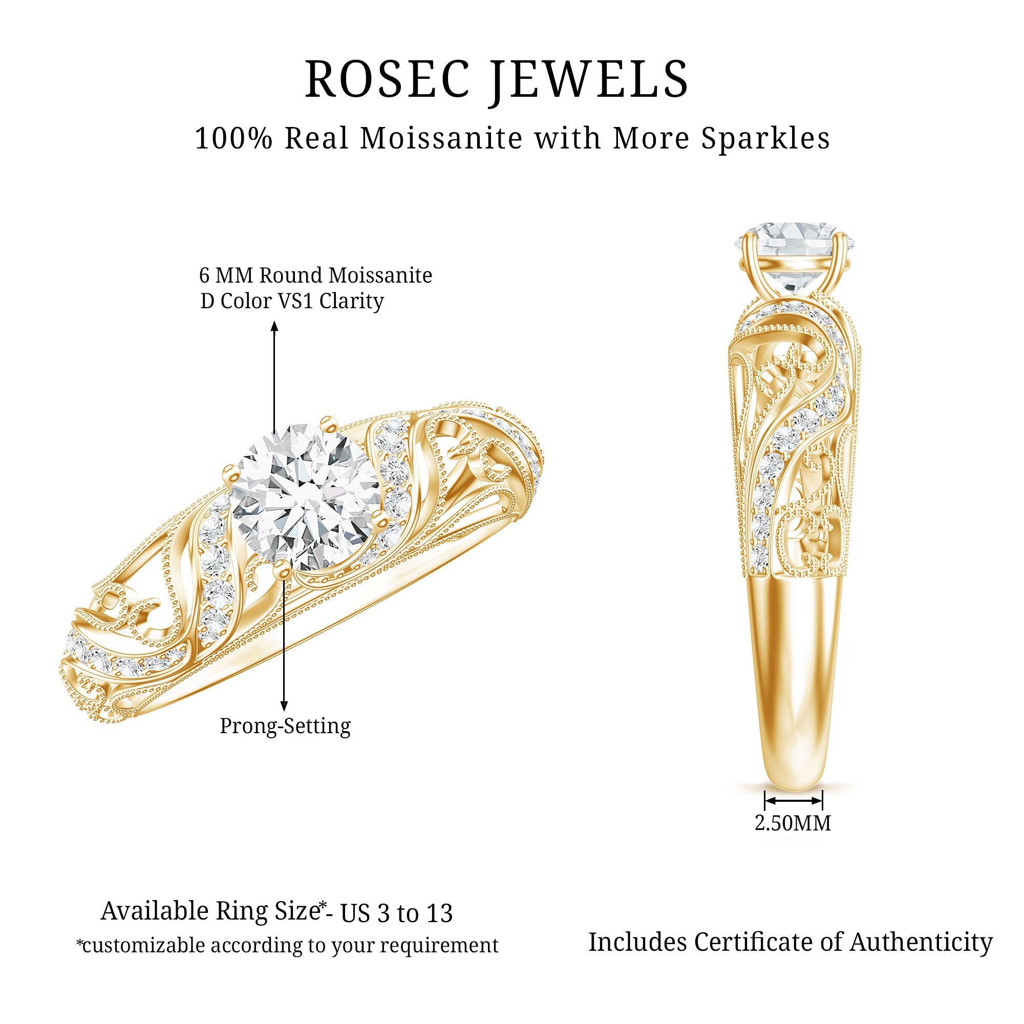 Certified Round Moissanite Antique Looking Engagement Ring