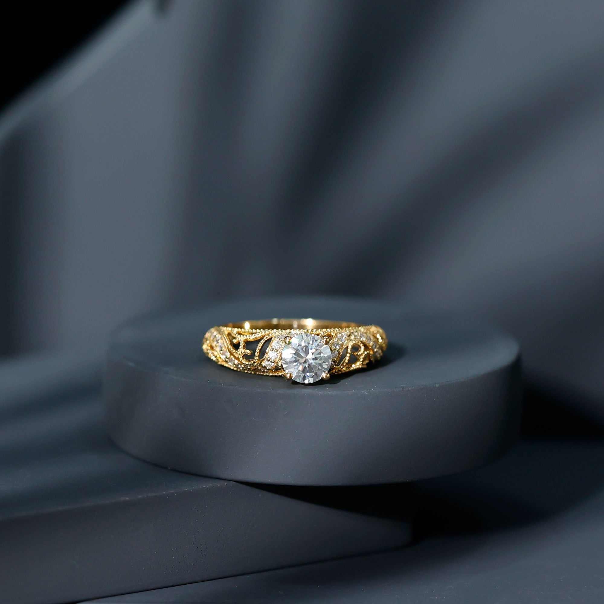 Certified Round Moissanite Antique Looking Engagement Ring