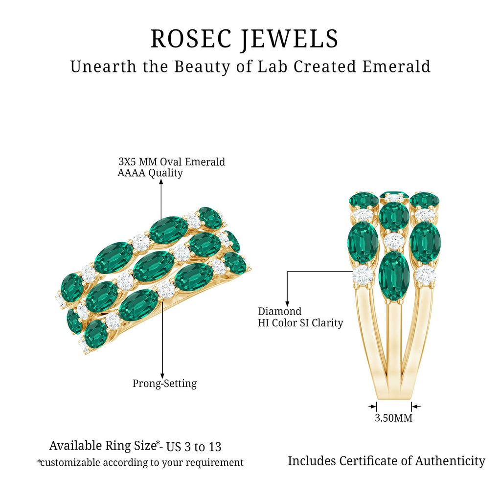 Oval Cut Lab Grown Emerald Statement Wedding Band with Diamond