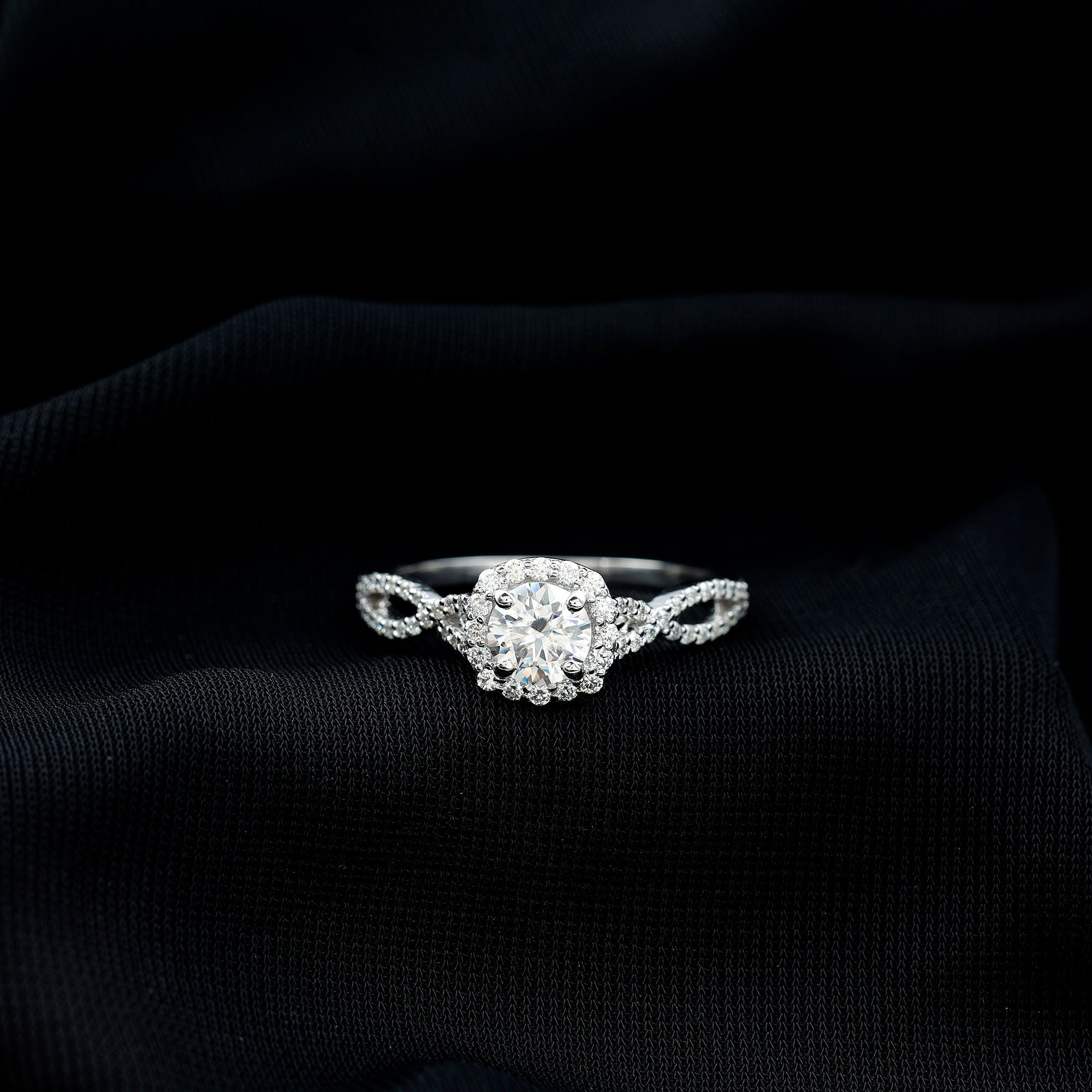 Certified Moissanite Halo Engagement Ring with Criss Cross Shank