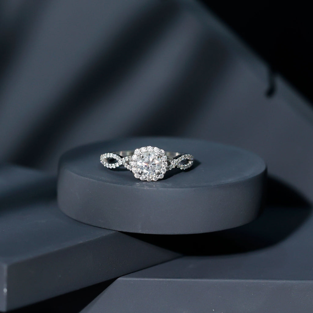 Certified Moissanite Halo Engagement Ring with Criss Cross Shank
