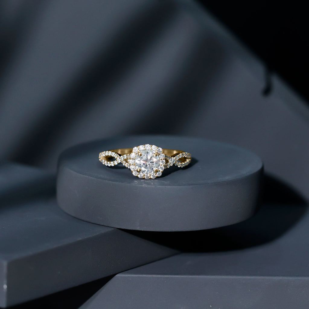 Certified Moissanite Halo Engagement Ring with Criss Cross Shank