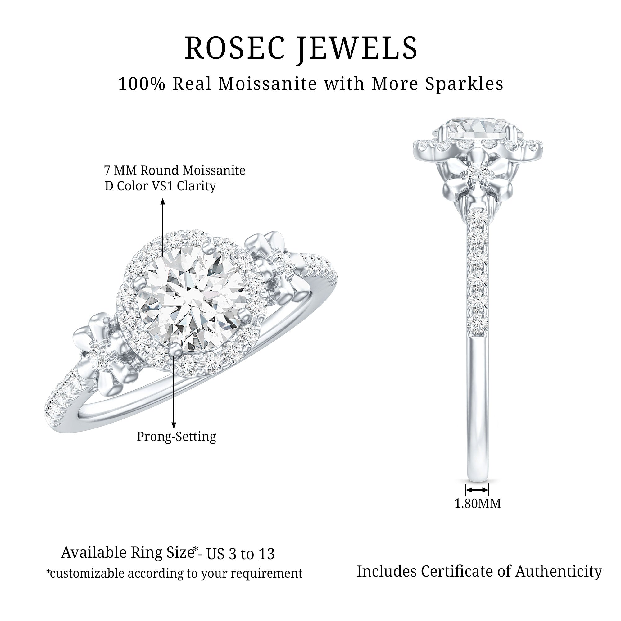 Certified Moissanite Flower Engagement Ring in Gold