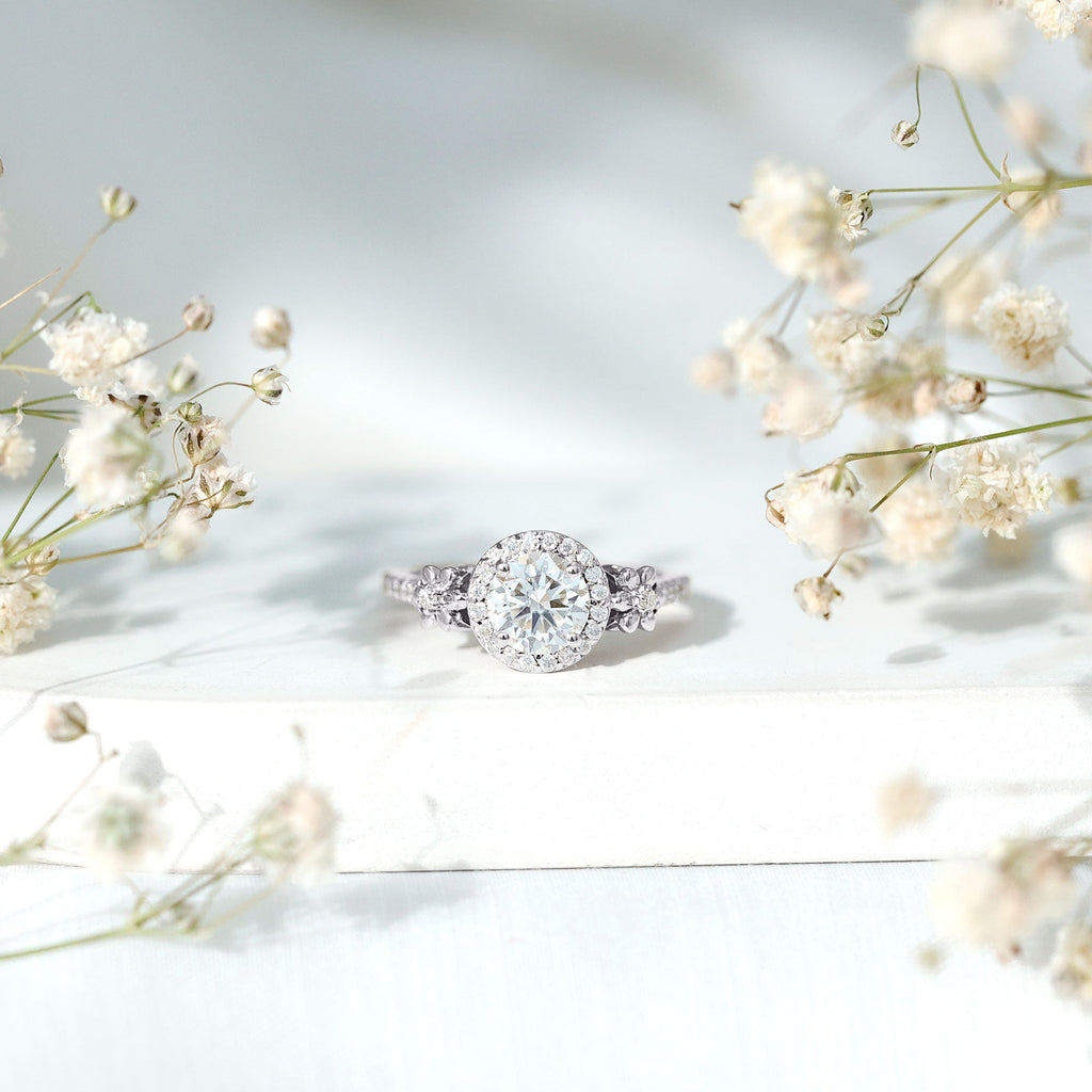 Certified Moissanite Flower Engagement Ring in Gold
