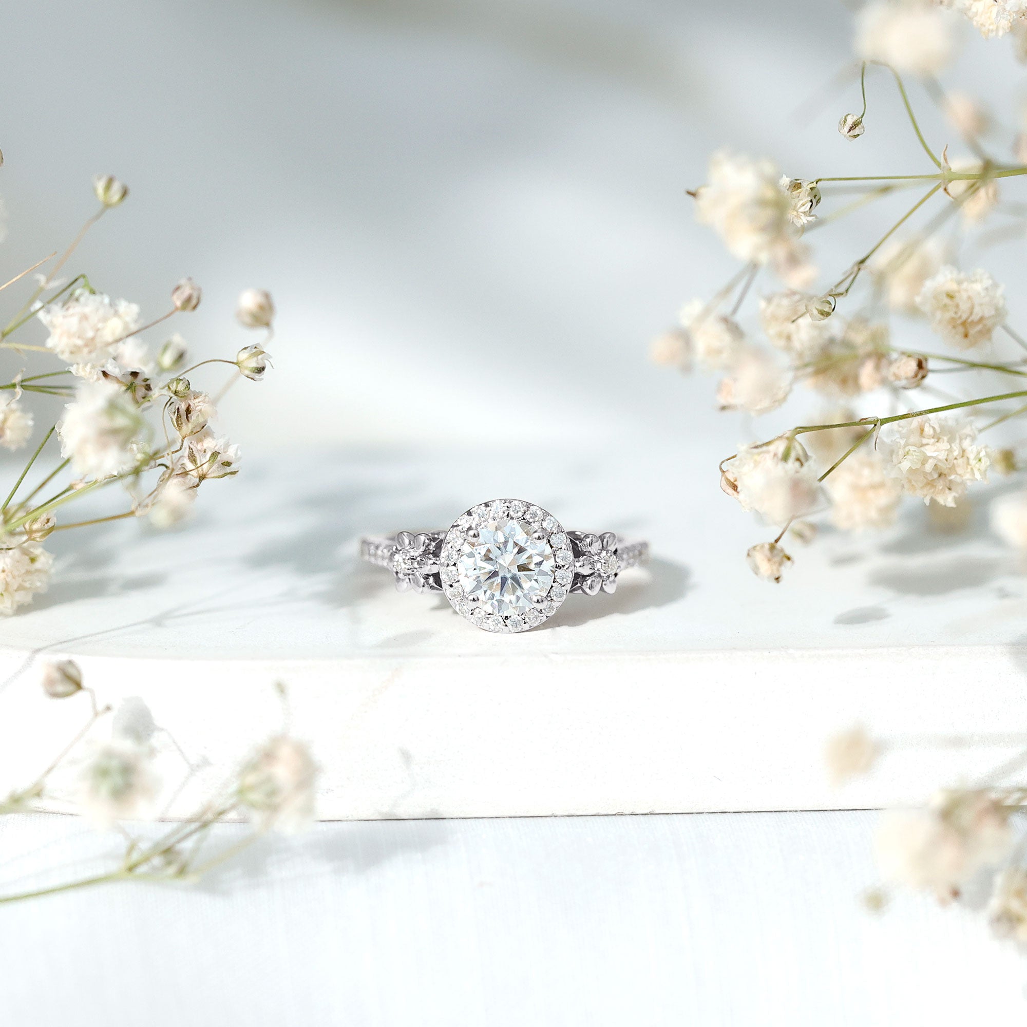 Certified Moissanite Flower Engagement Ring in Gold
