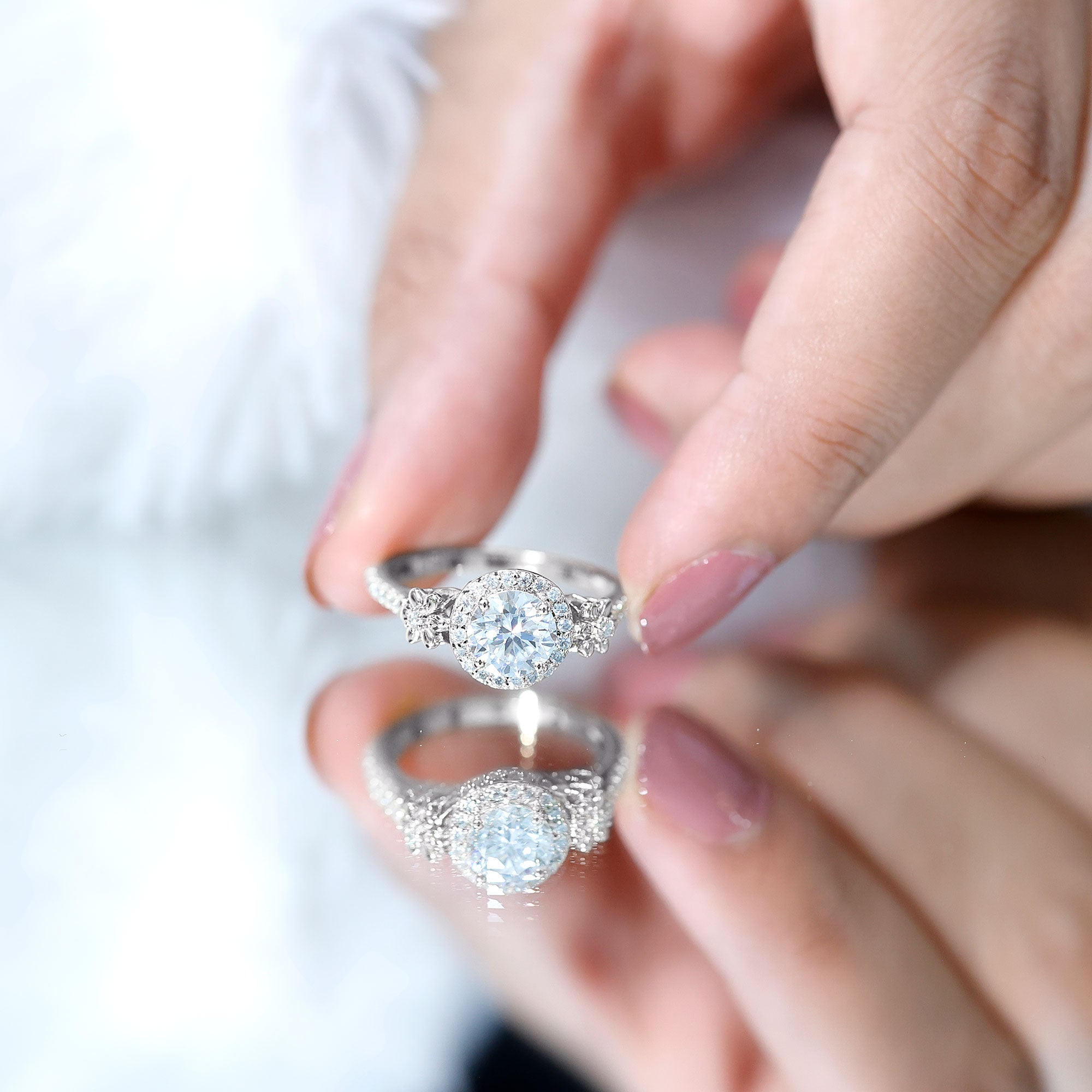 Certified Moissanite Flower Engagement Ring in Gold