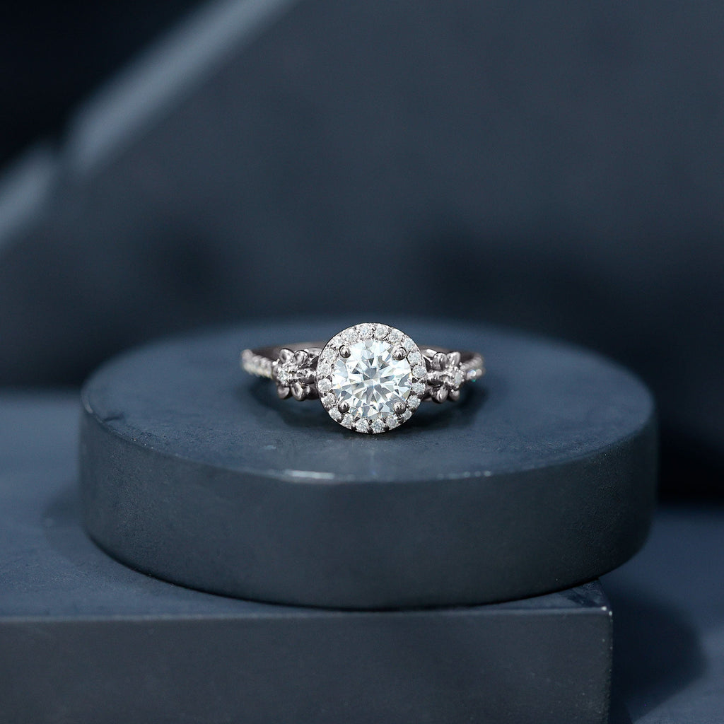 Certified Moissanite Flower Engagement Ring in Gold