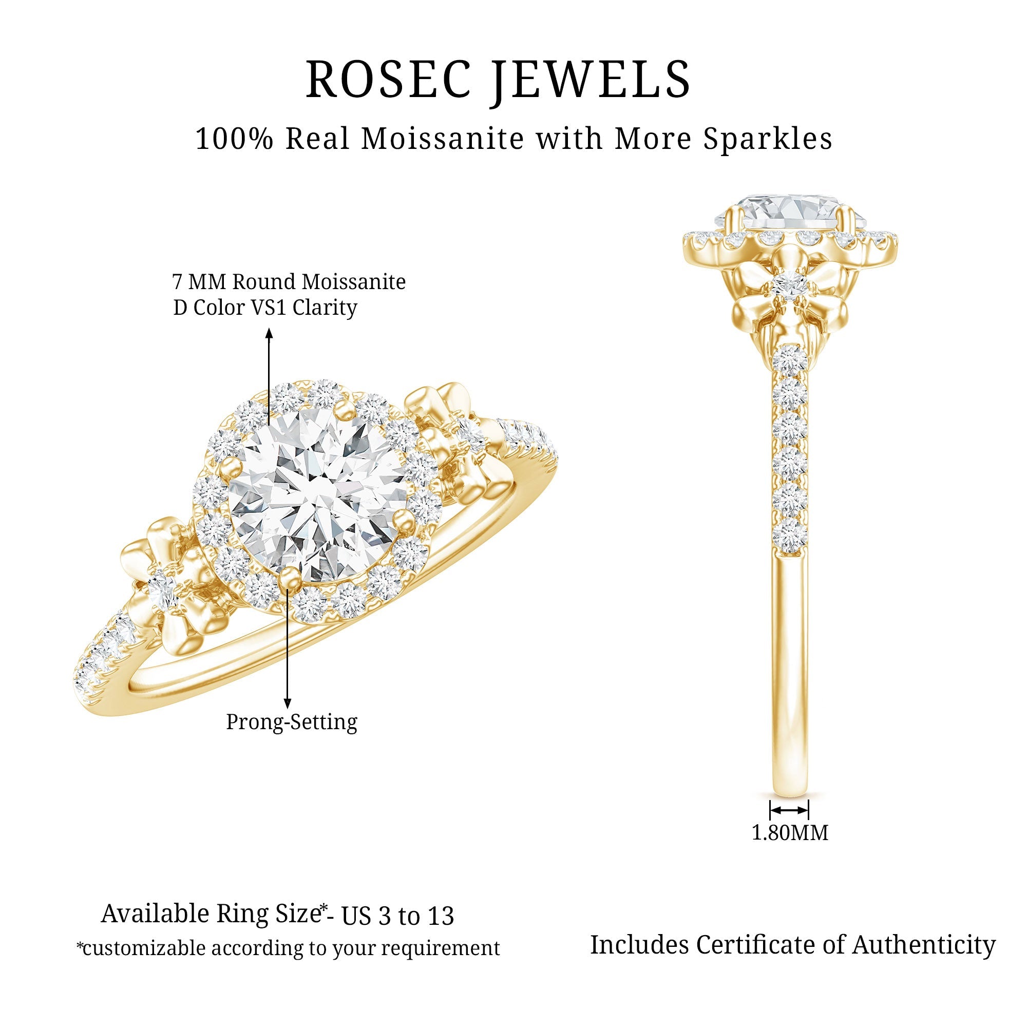Certified Moissanite Flower Engagement Ring in Gold
