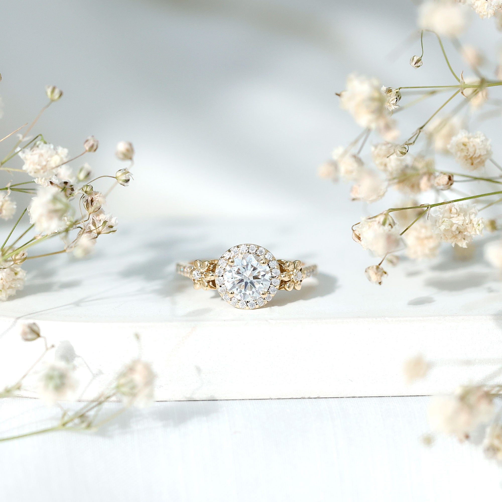 Certified Moissanite Flower Engagement Ring in Gold
