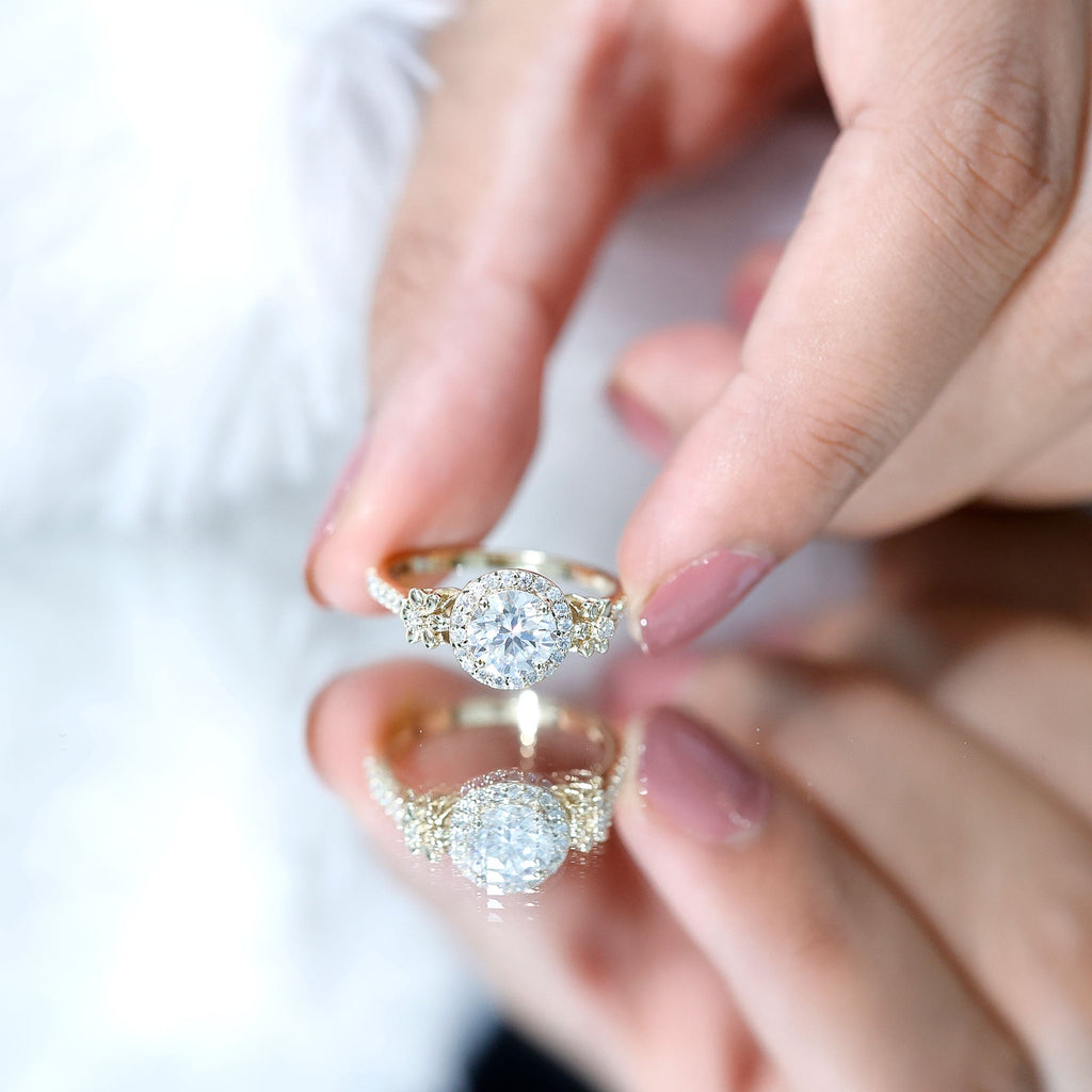 Certified Moissanite Flower Engagement Ring in Gold
