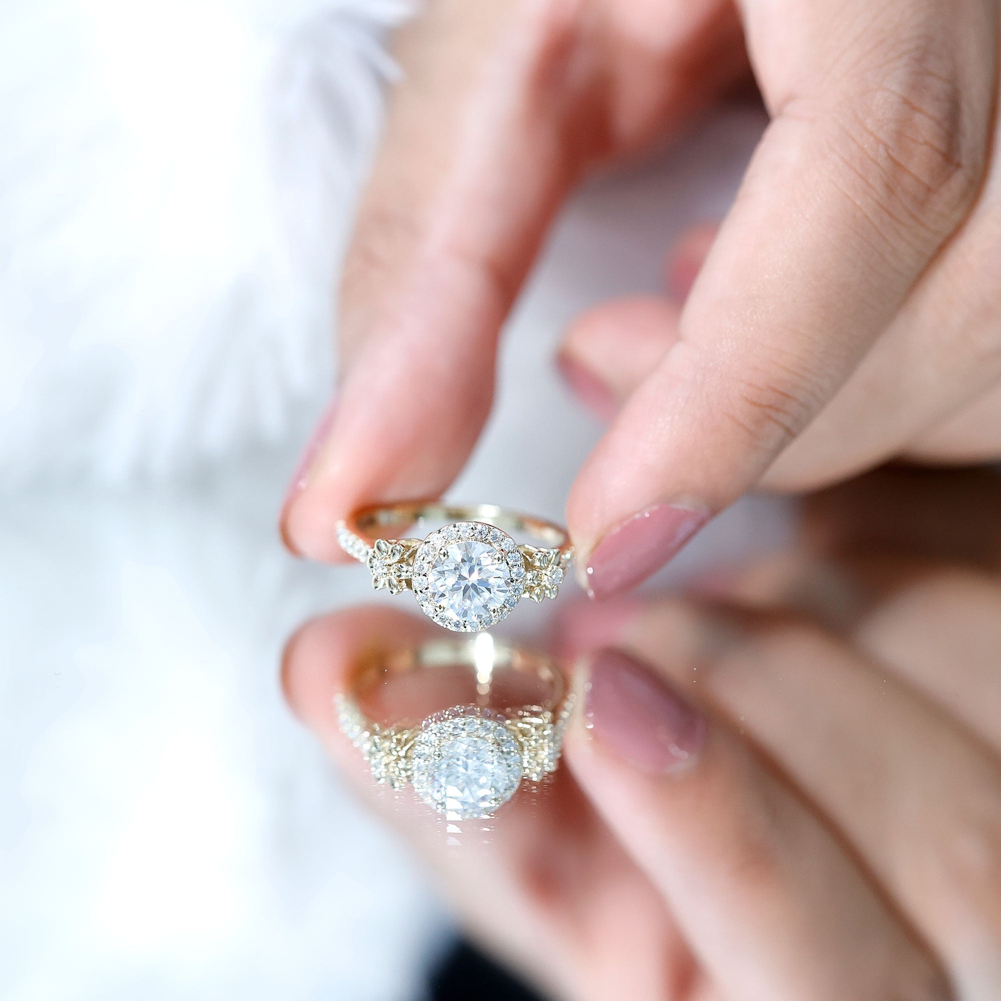 Certified Moissanite Flower Engagement Ring in Gold
