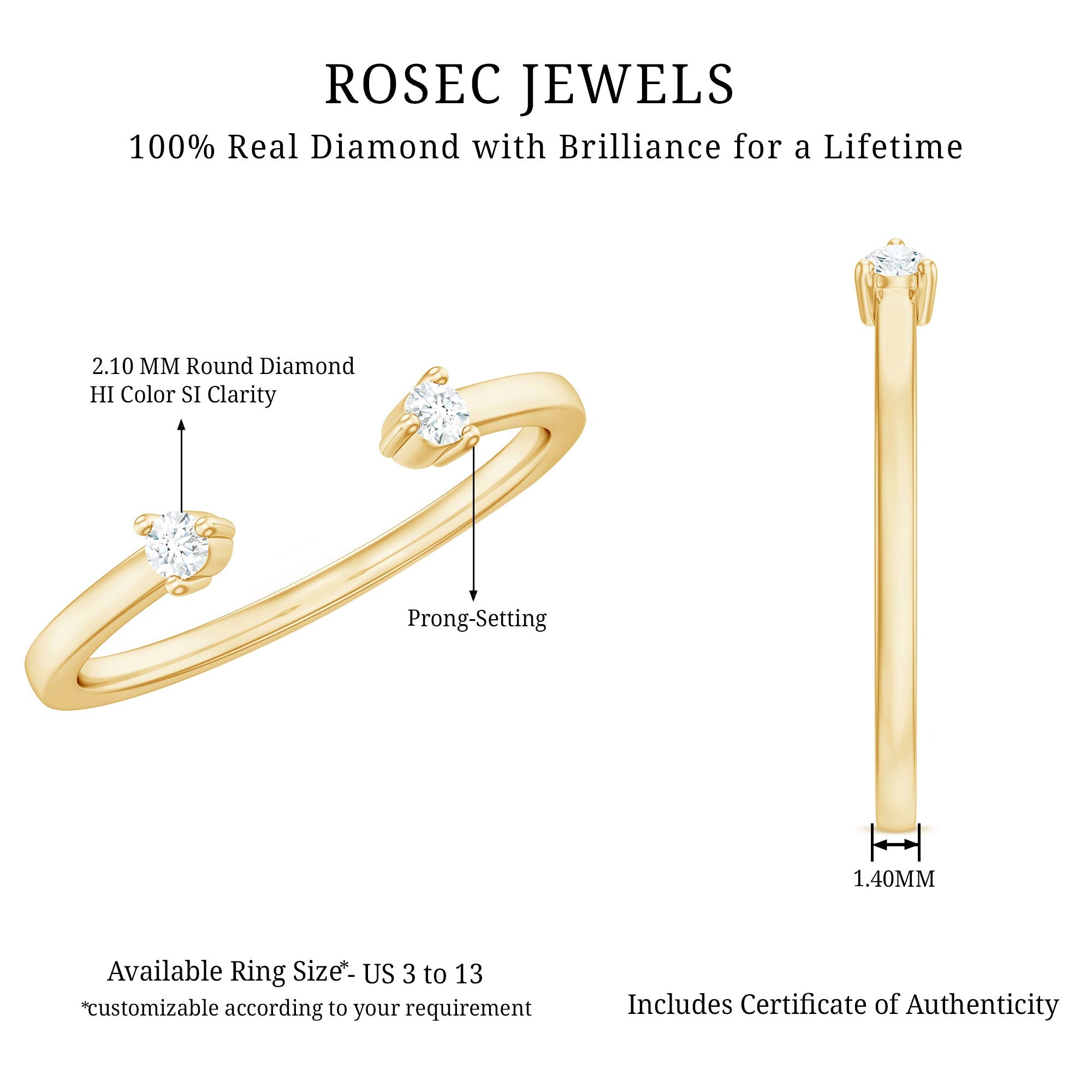 Dainty Diamond Two Stone Cuff Ring in Gold