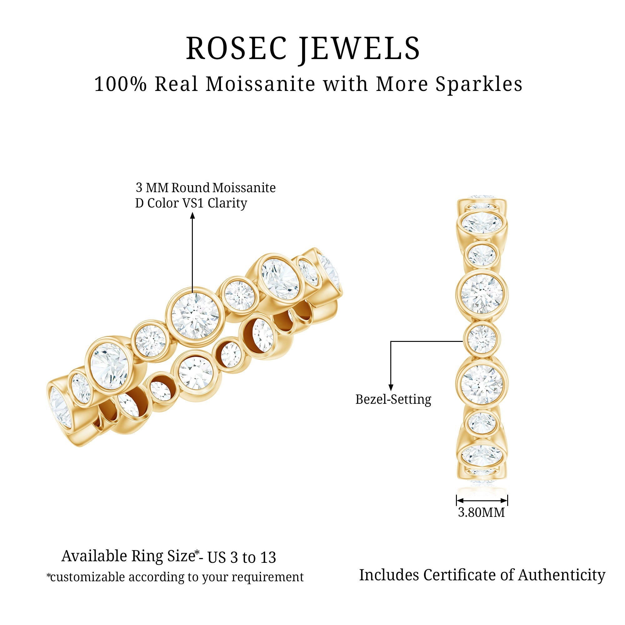 Certified Round Cut Moissanite Eternity Stackable Ring For Her