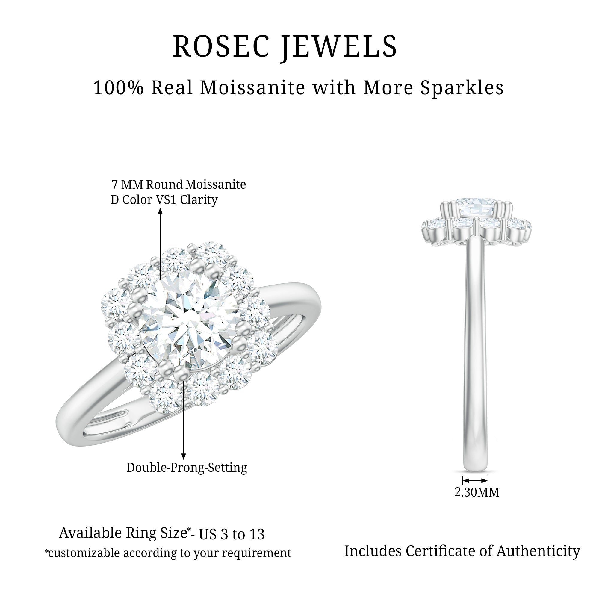 Classic Moissanite Halo Engagement Ring in Double Prong Setting