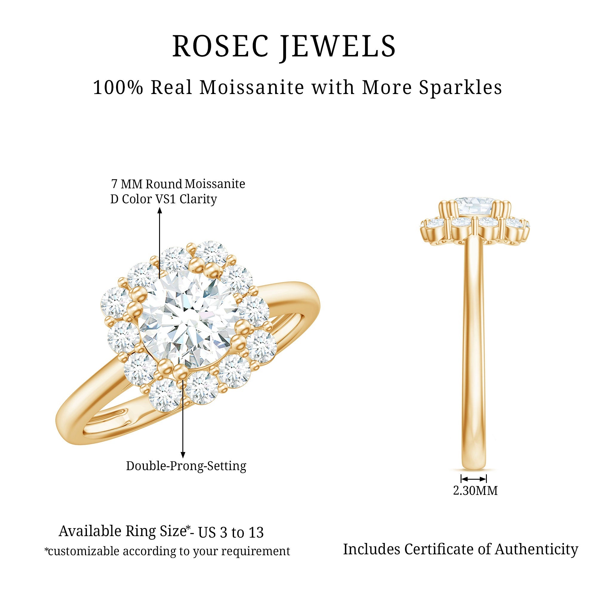Classic Moissanite Halo Engagement Ring in Double Prong Setting