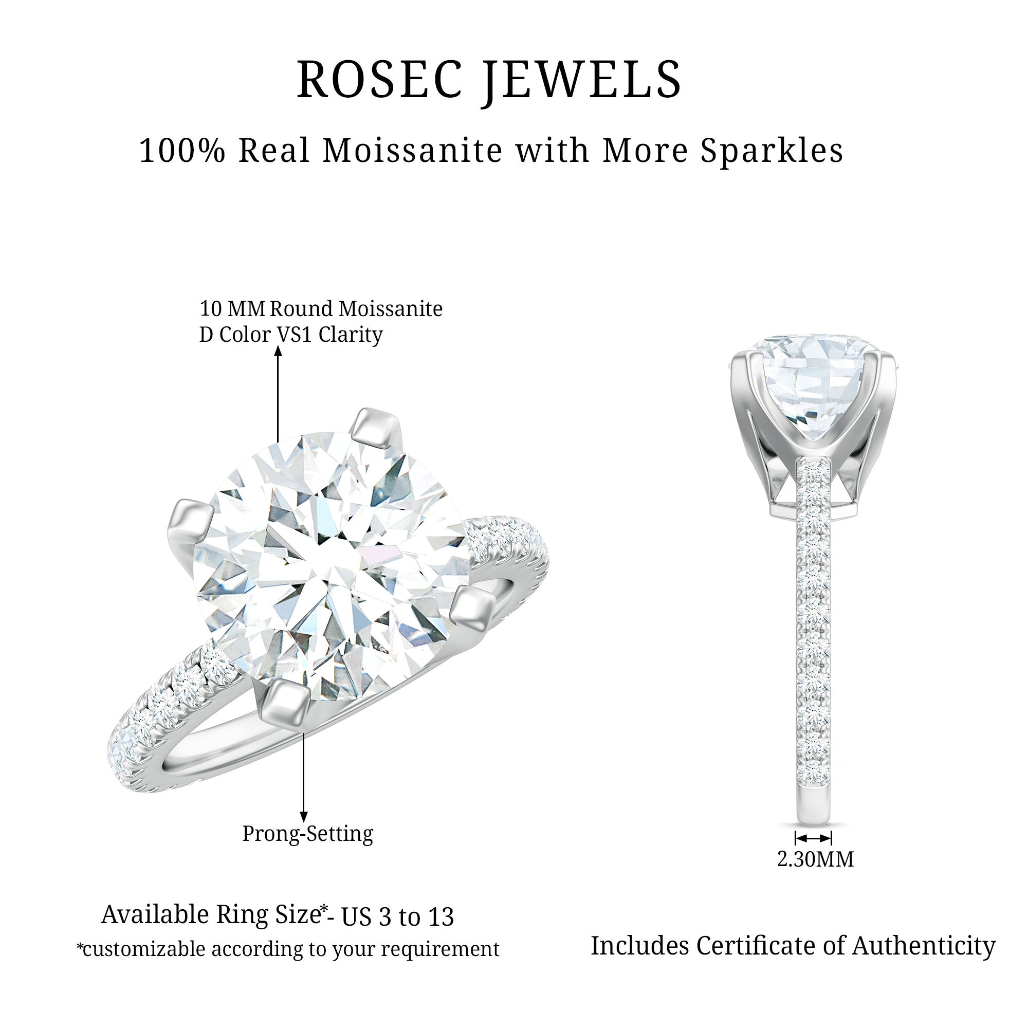 Round 10 MM Moissanite Solitaire Engagement Ring with Side Stones