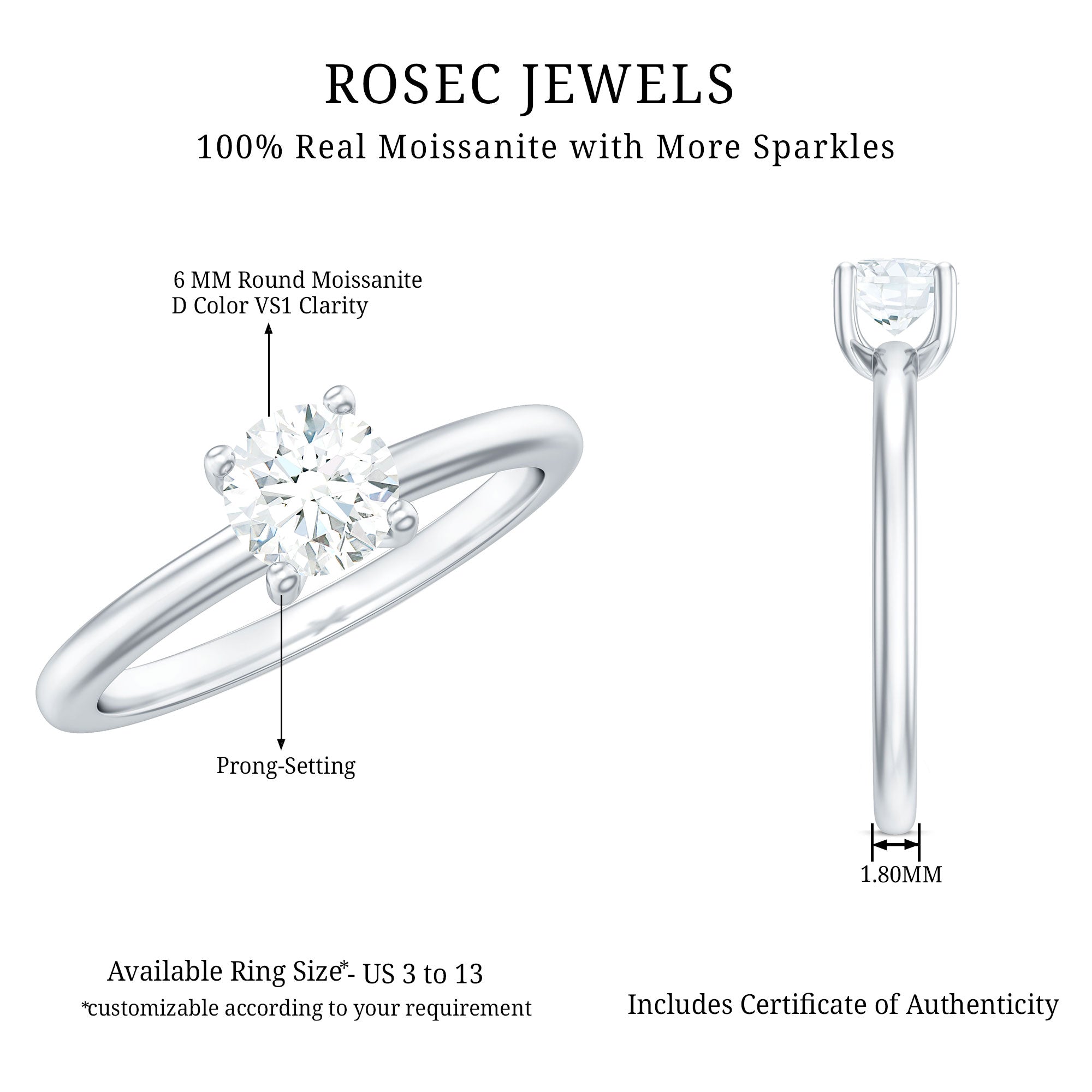 Certified 6 MM Moissanite Solitaire Promise Ring for Her