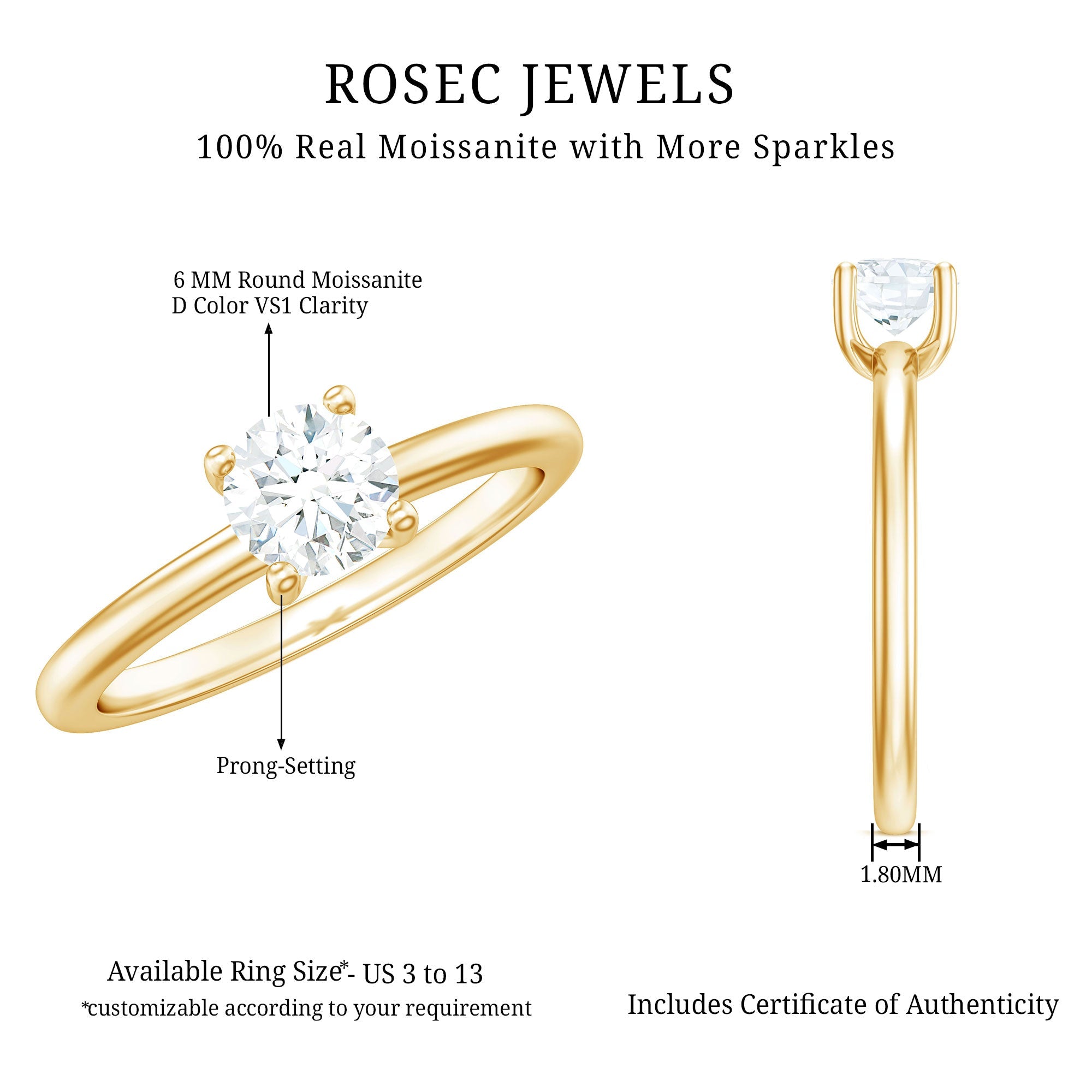 Certified 6 MM Moissanite Solitaire Promise Ring for Her