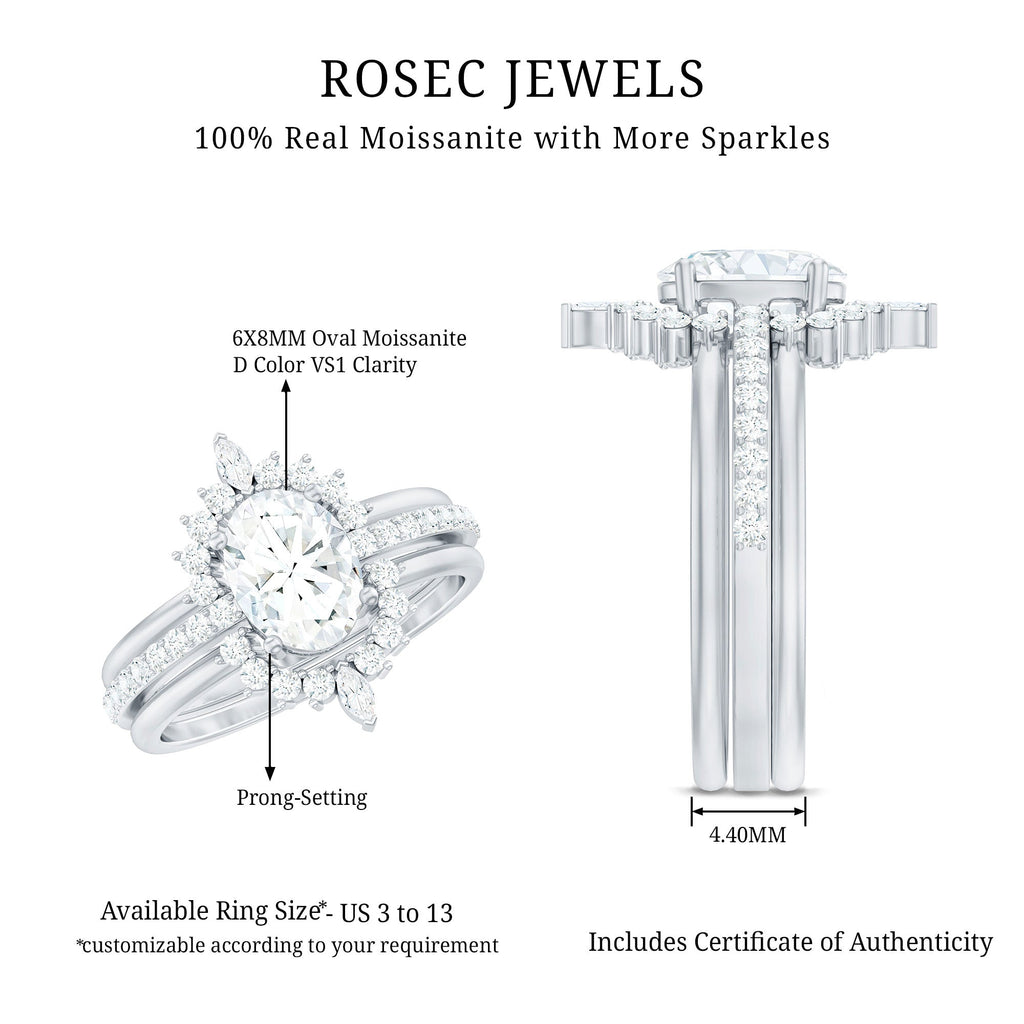 Certified Moissanite Oval Engagement Ring Set With Wedding Bands