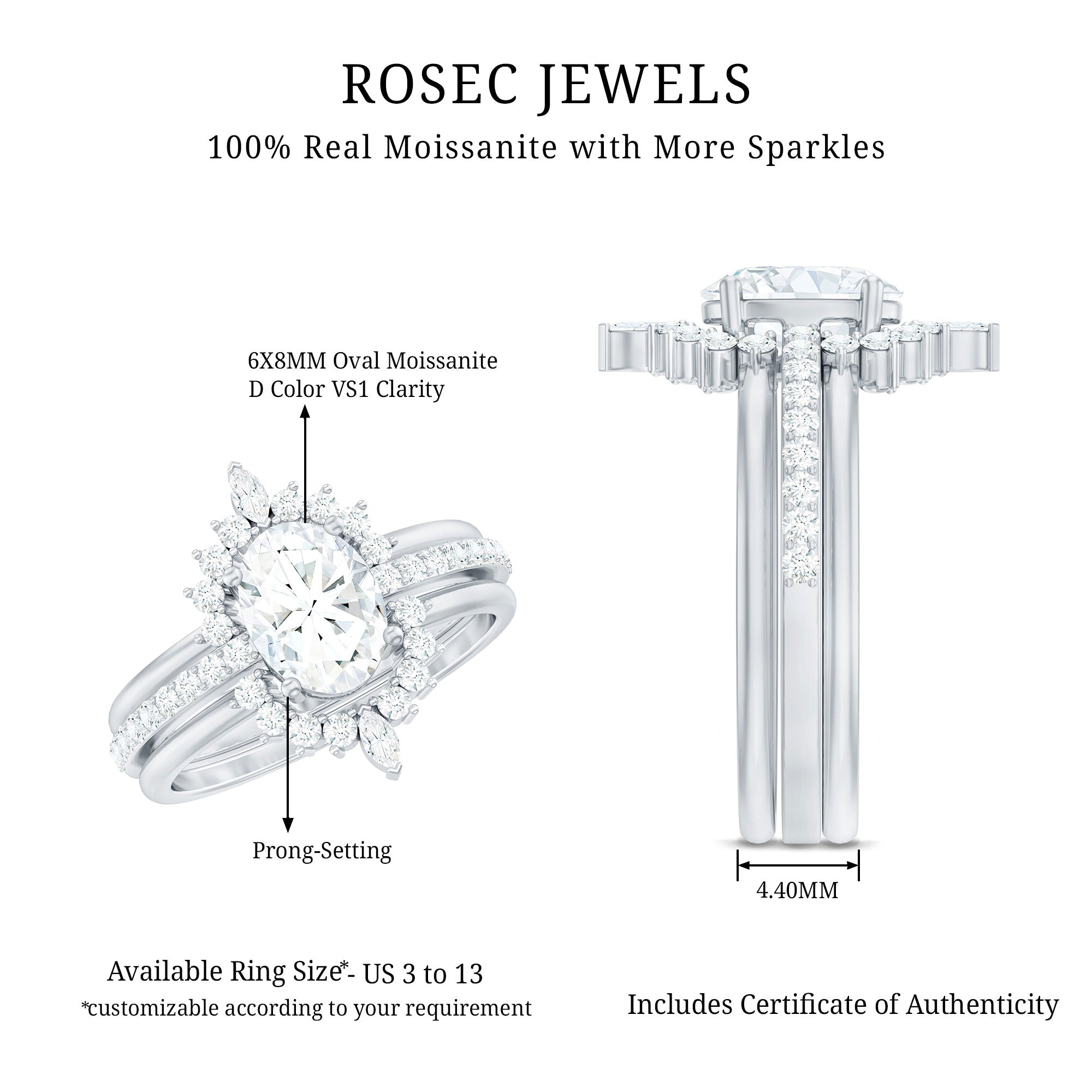 Certified Moissanite Oval Engagement Ring Set With Wedding Bands