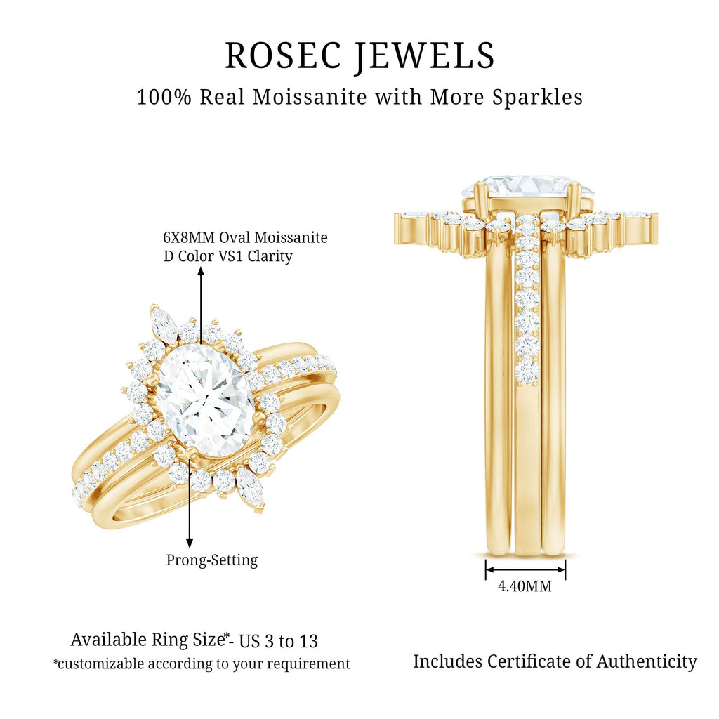 Certified Moissanite Oval Engagement Ring Set With Wedding Bands
