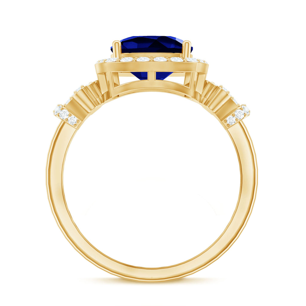 3.5 CT Cushion Cut Created Blue Sapphire Engagement Ring with Diamond Accent