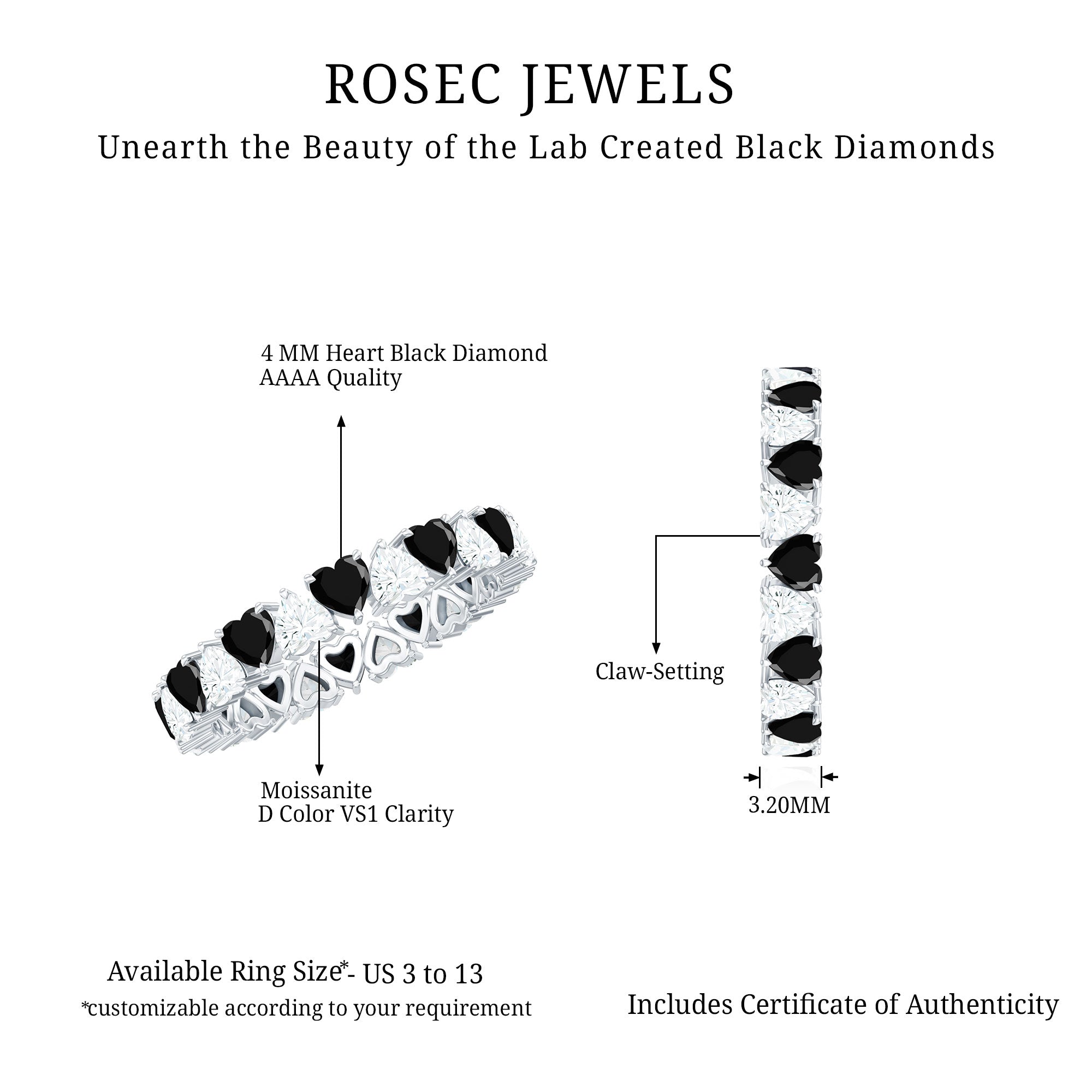 Heart Shape Lab Grown Black Diamond Eternity Band With Moissanite