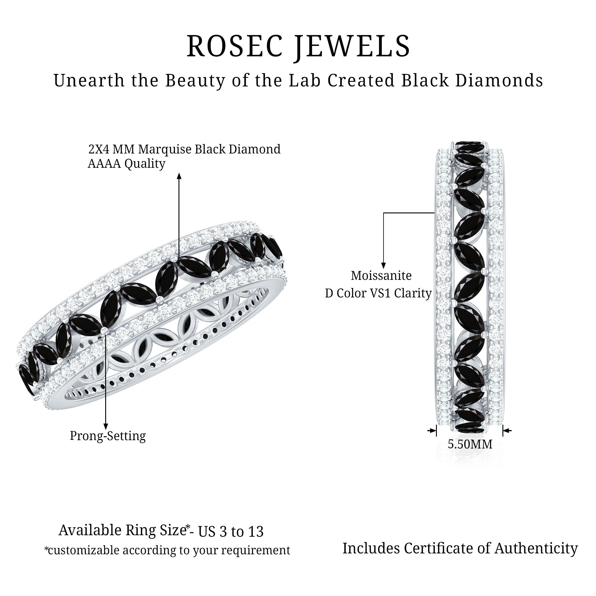 1.25 CT Elegant Created Black Diamond and Moissanite Wedding Band Ring