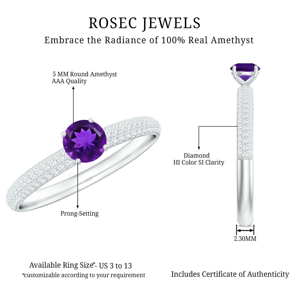 Natural Amethyst Solitaire Ring with Diamond Side Stones