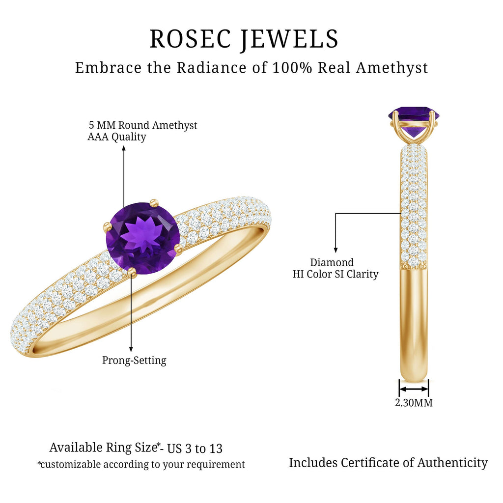 Natural Amethyst Solitaire Ring with Diamond Side Stones