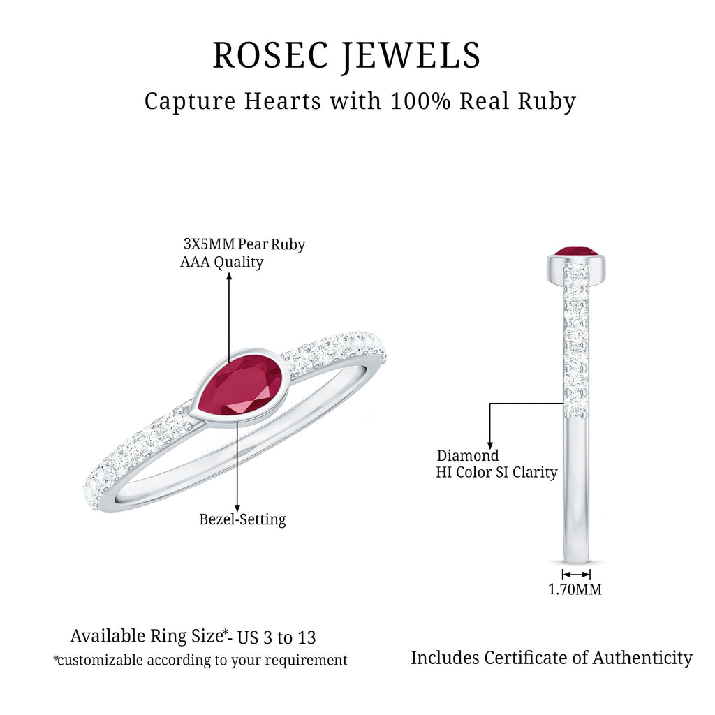 Pear Ruby East West Promise Ring with Diamond