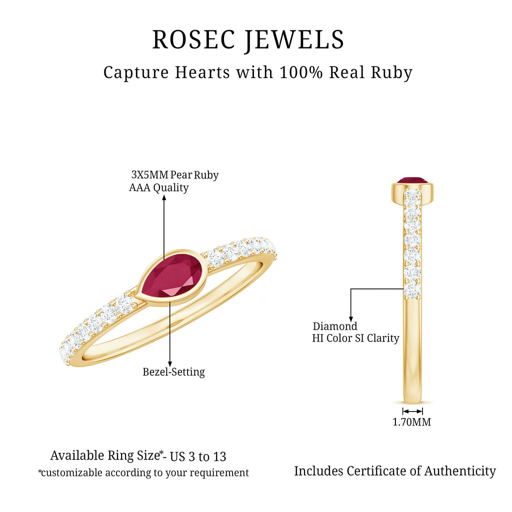 Pear Ruby East West Promise Ring with Diamond