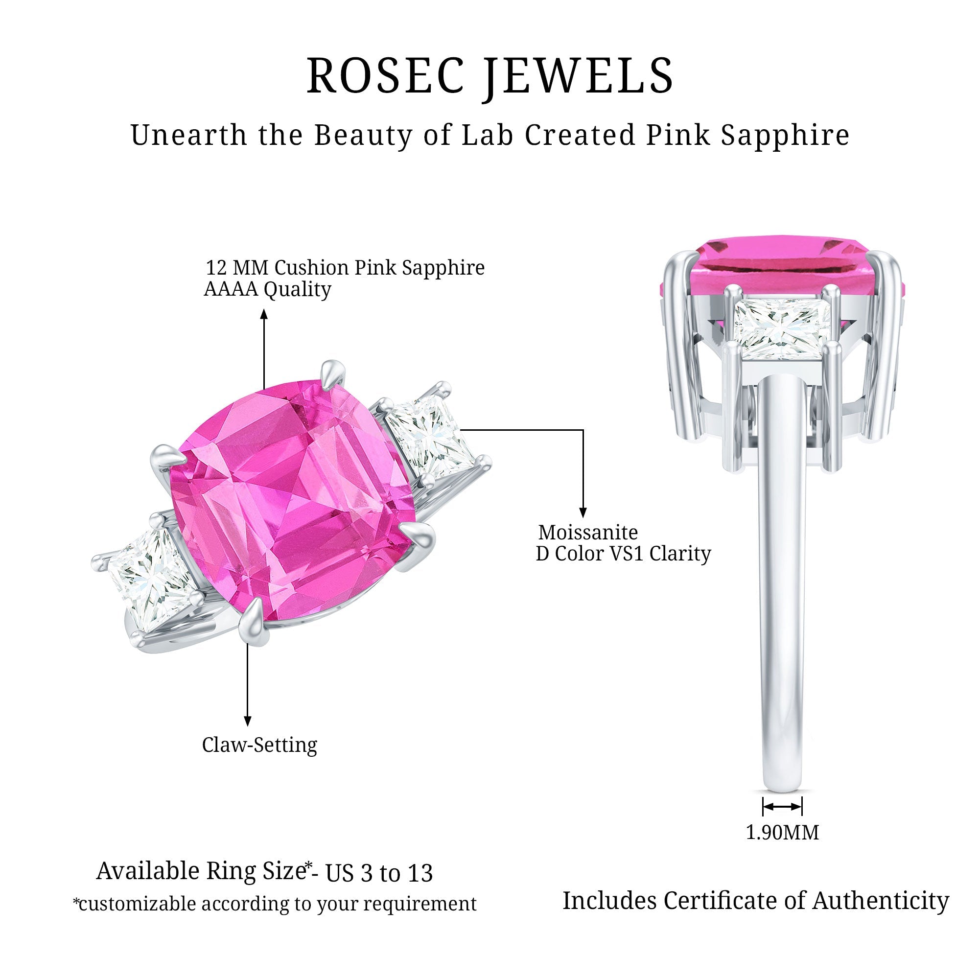 Lab Created Pink Sapphire Statement Engagement Ring with Moissanite
