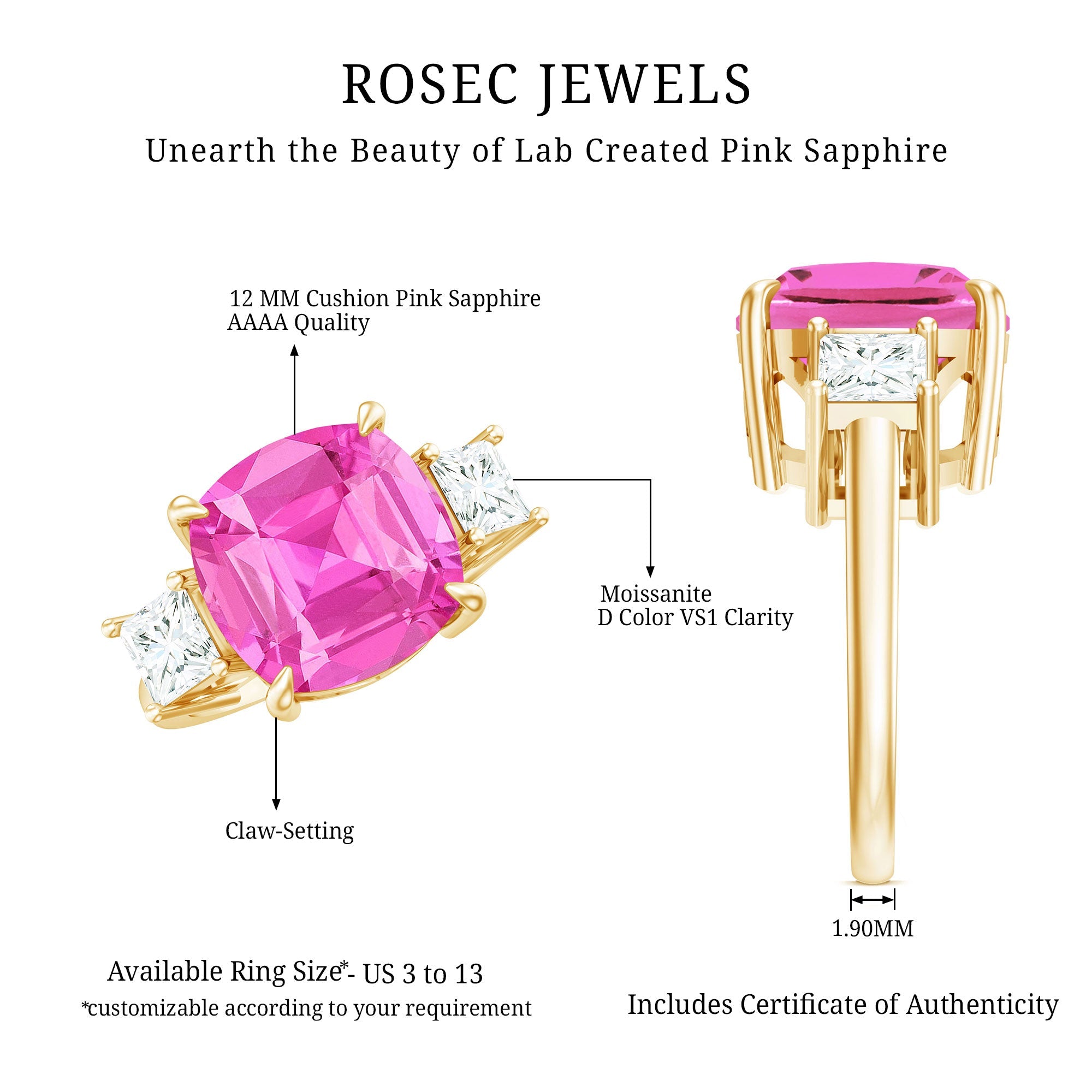 Lab Created Pink Sapphire Statement Engagement Ring with Moissanite