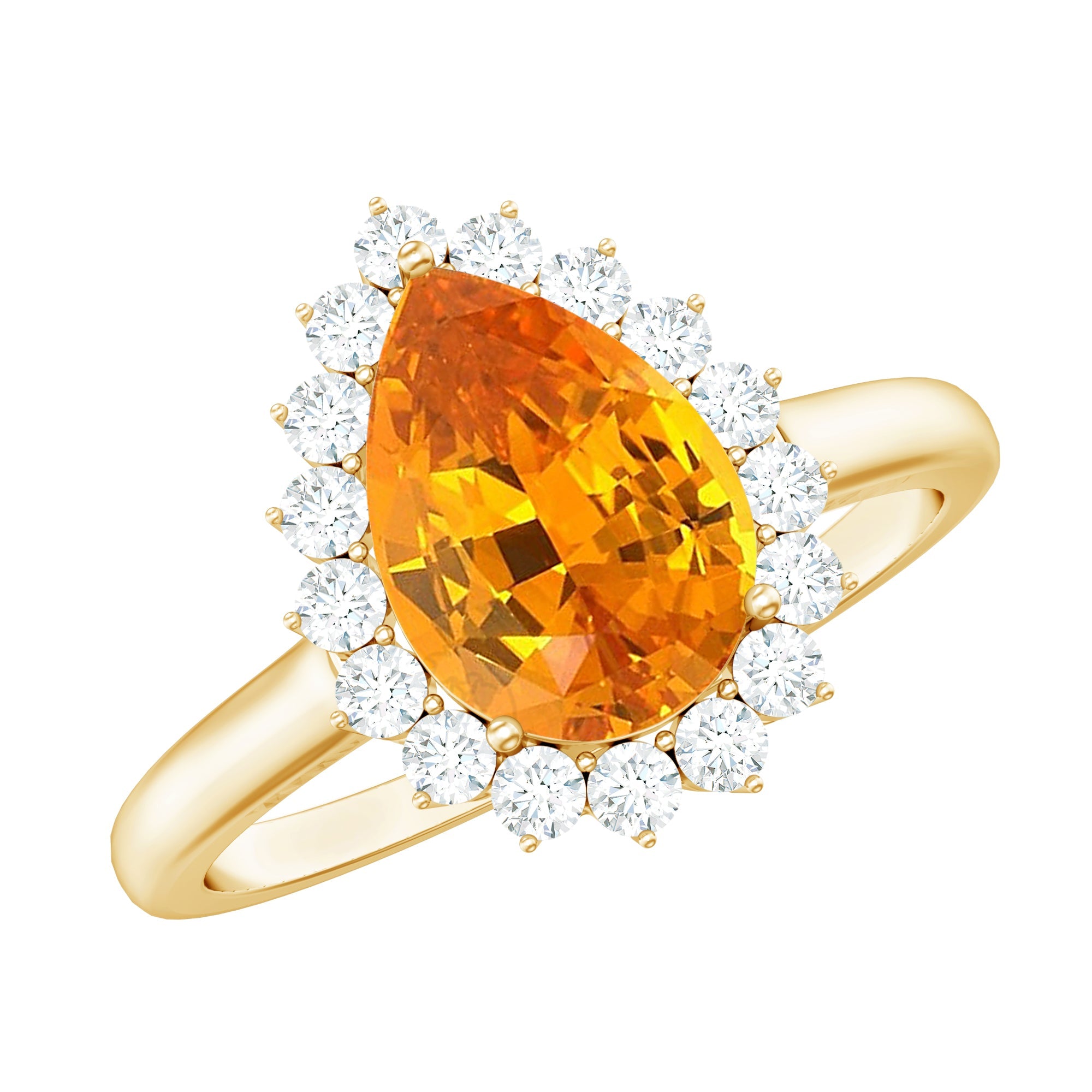 2.5 Carat Lab Grown Orange Sapphire Teardrop Engagement Ring with Diamond Halo