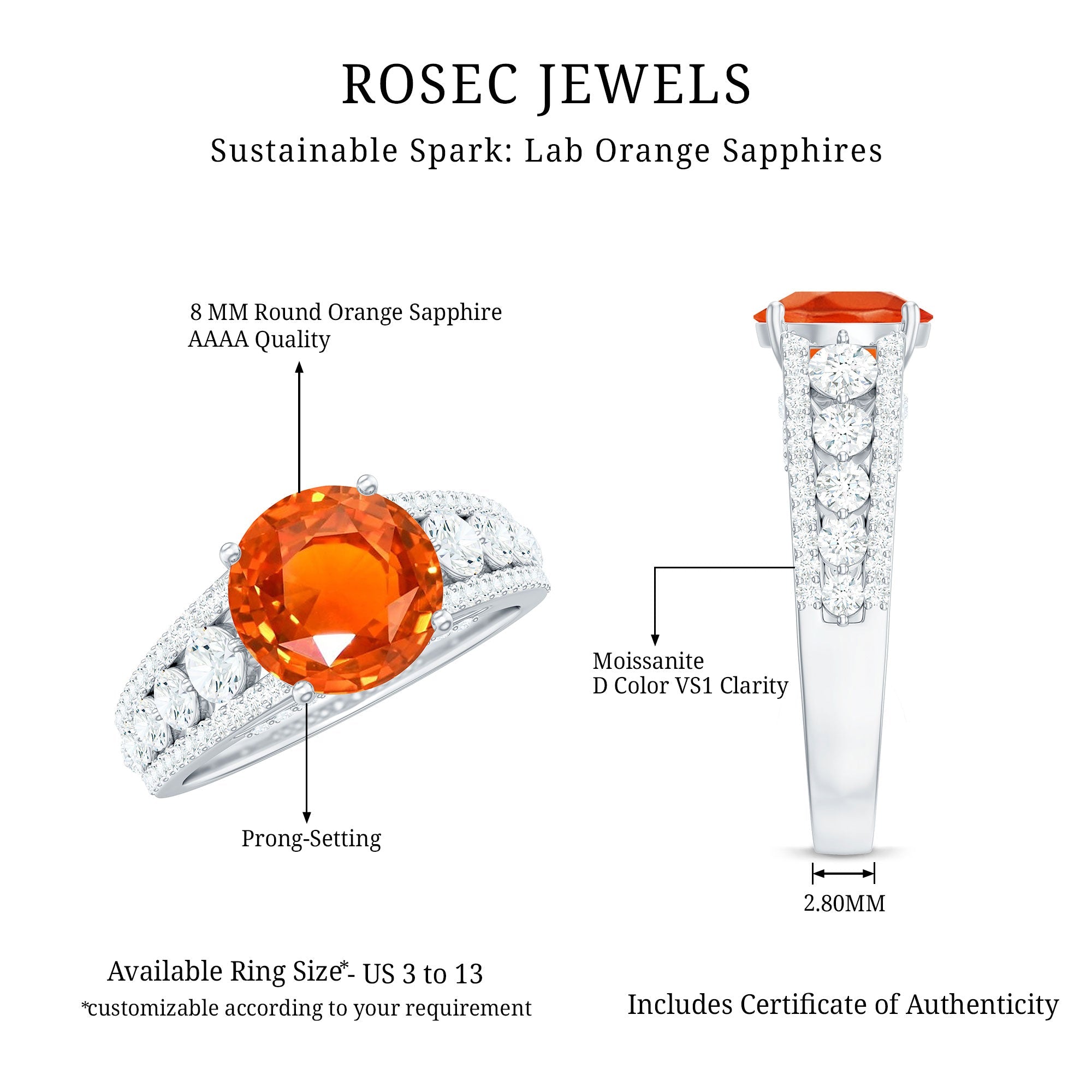 2.25 Carat Lab Grown Orange Sapphire Solitaire Engagement Ring with Side Stones