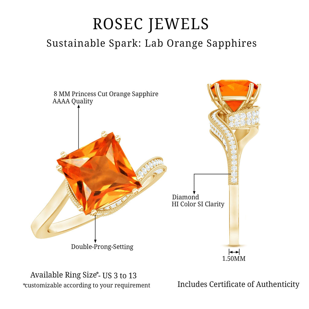 2.75 Carat Princess Cut Lab Grown Orange Sapphire Engagement Ring with Diamond Bypass Shank