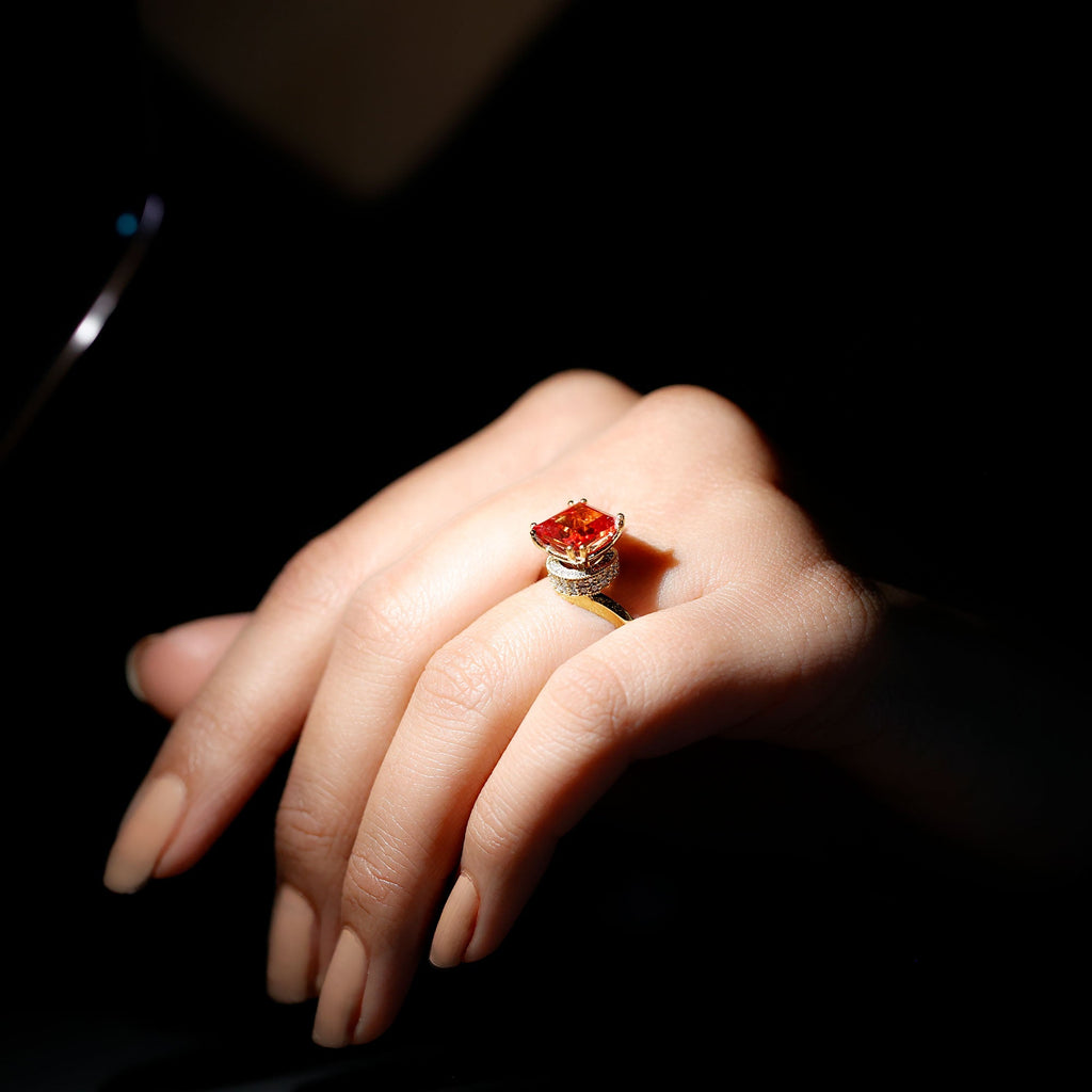 2.75 Carat Princess Cut Lab Grown Orange Sapphire Engagement Ring with Diamond Bypass Shank