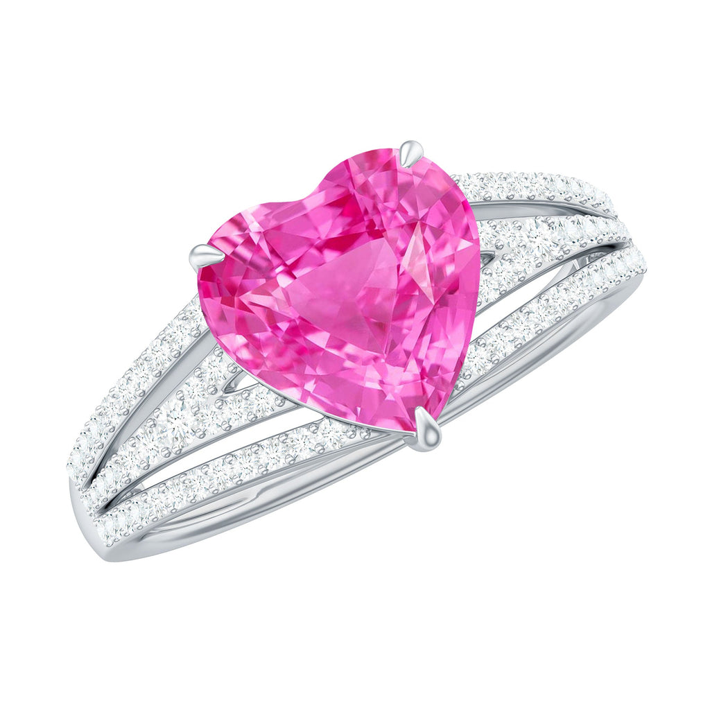 Created Pink Sapphire Heart Engagement Ring with Diamond