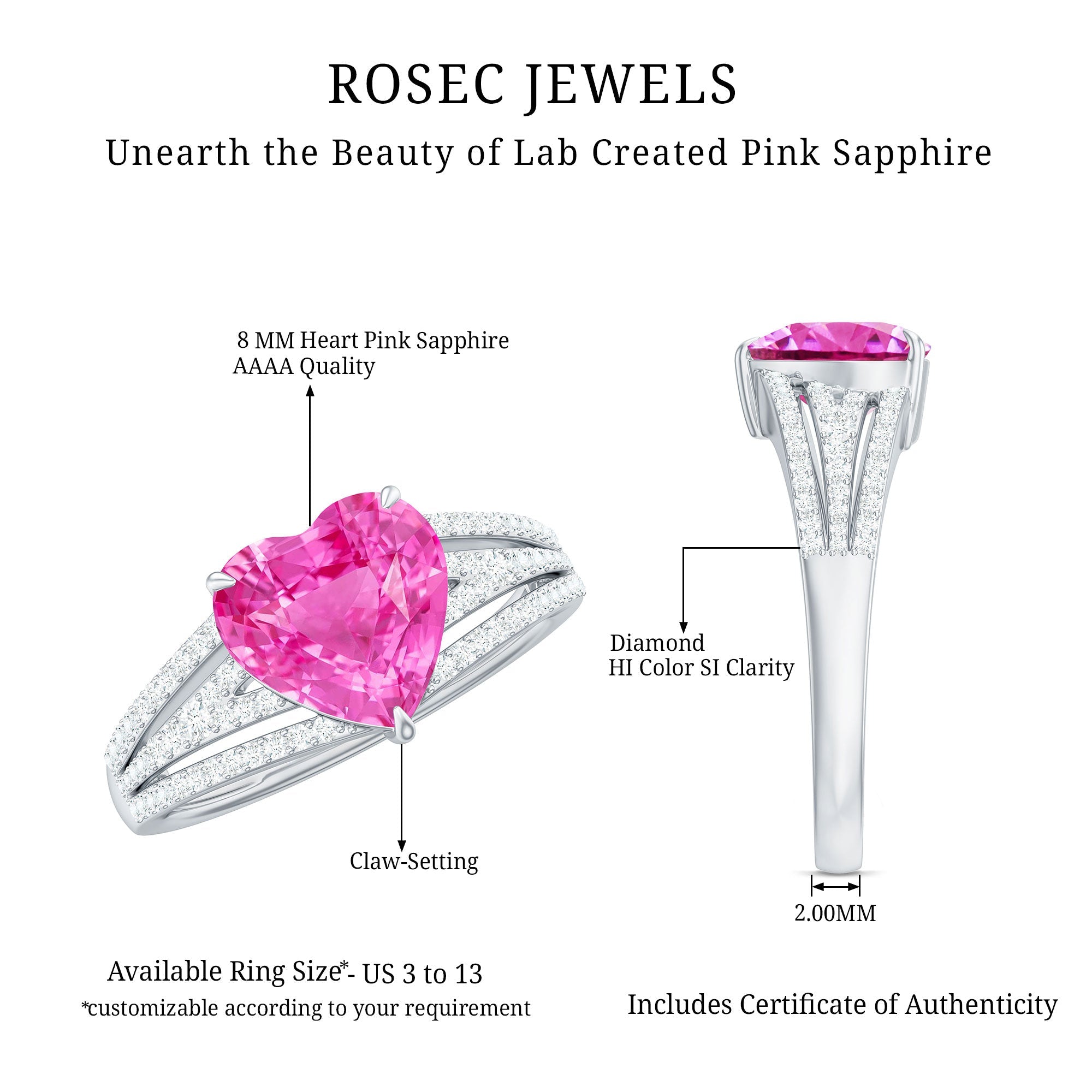 Created Pink Sapphire Heart Engagement Ring with Diamond