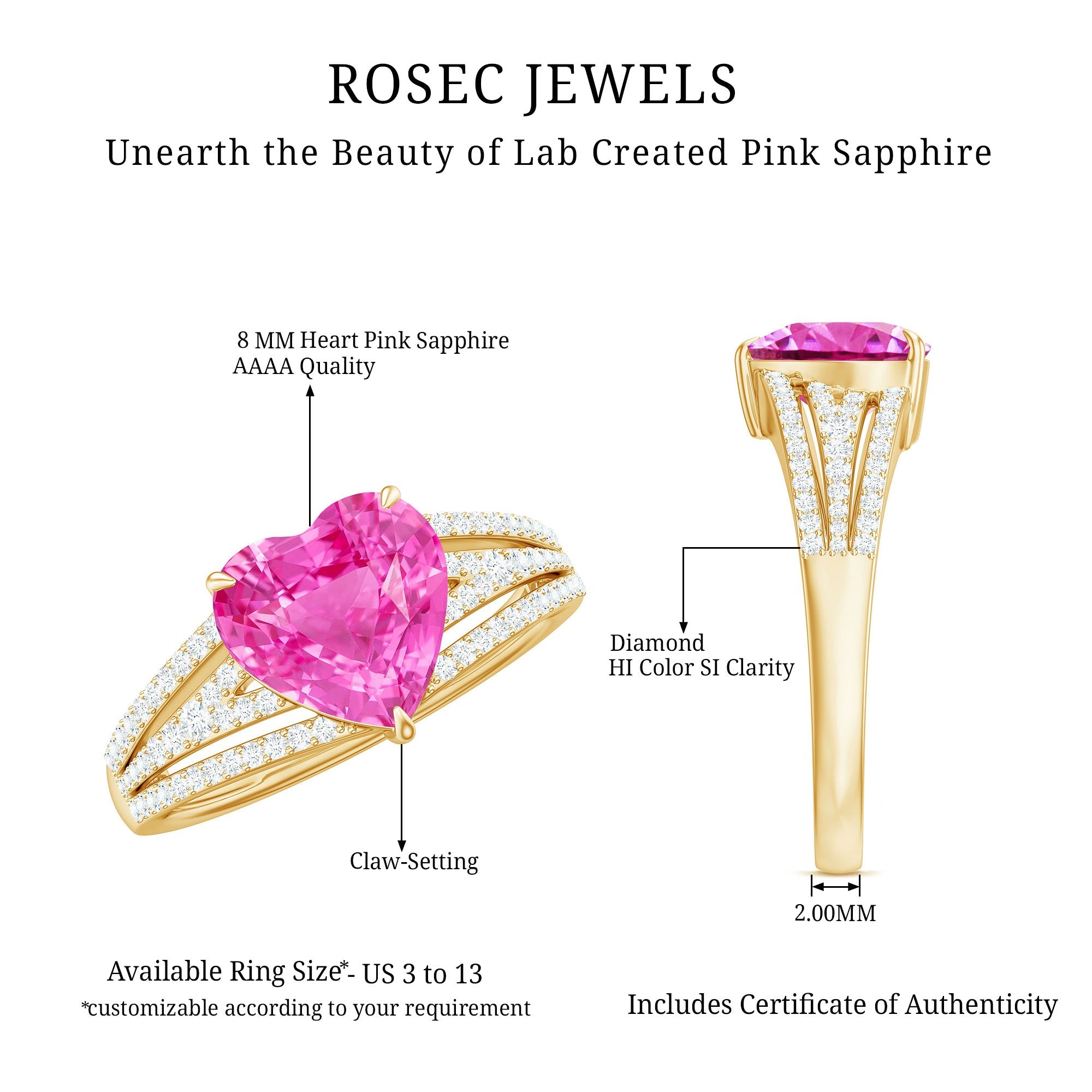 Created Pink Sapphire Heart Engagement Ring with Diamond