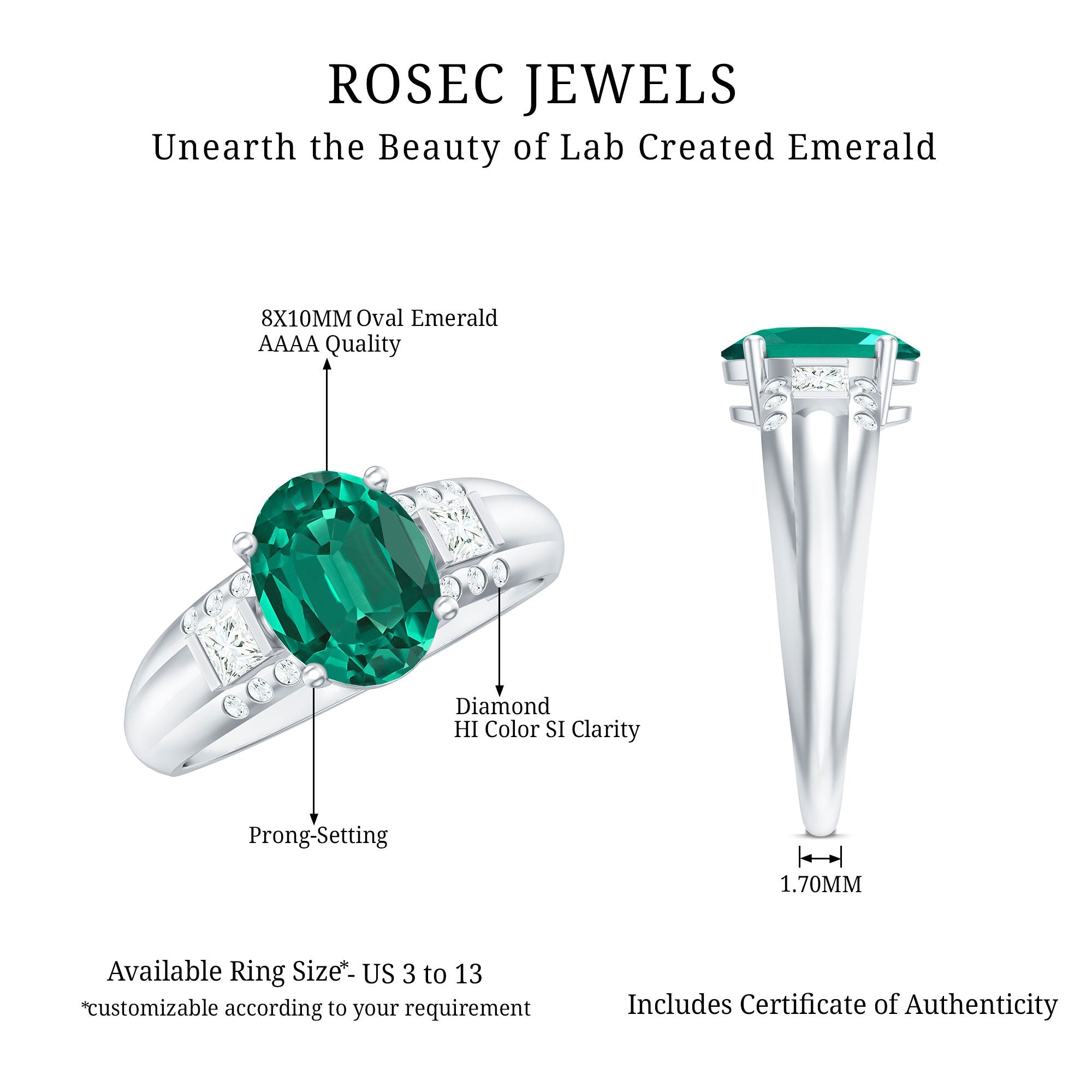 Solitaire Lab Grown Emerald Oval Engagement Ring with Diamond