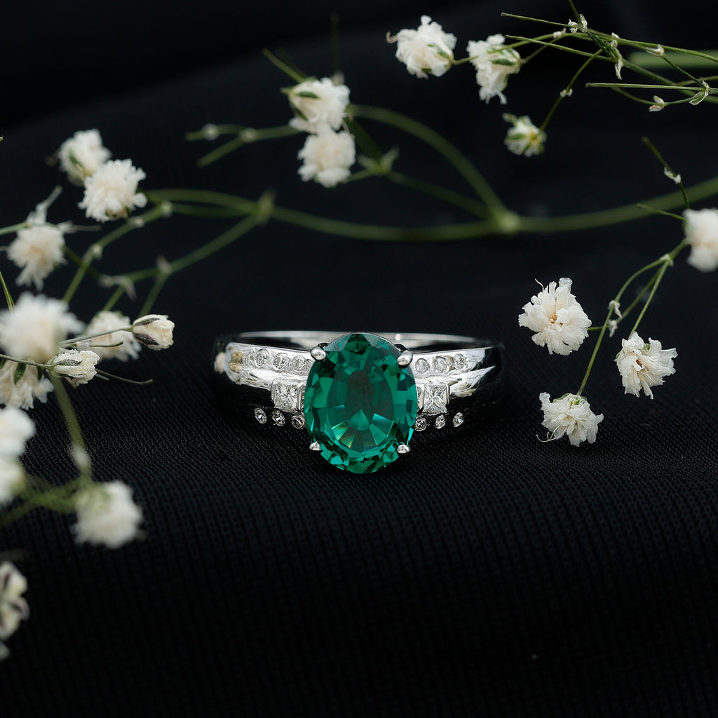Solitaire Lab Grown Emerald Oval Engagement Ring with Diamond